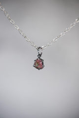 Polished slice of Natural Pink Tourmaline (Rubellite) wand with Darker Rind Pendant, Sterling Silver Claw Setting, Oxidized Hammer Finish