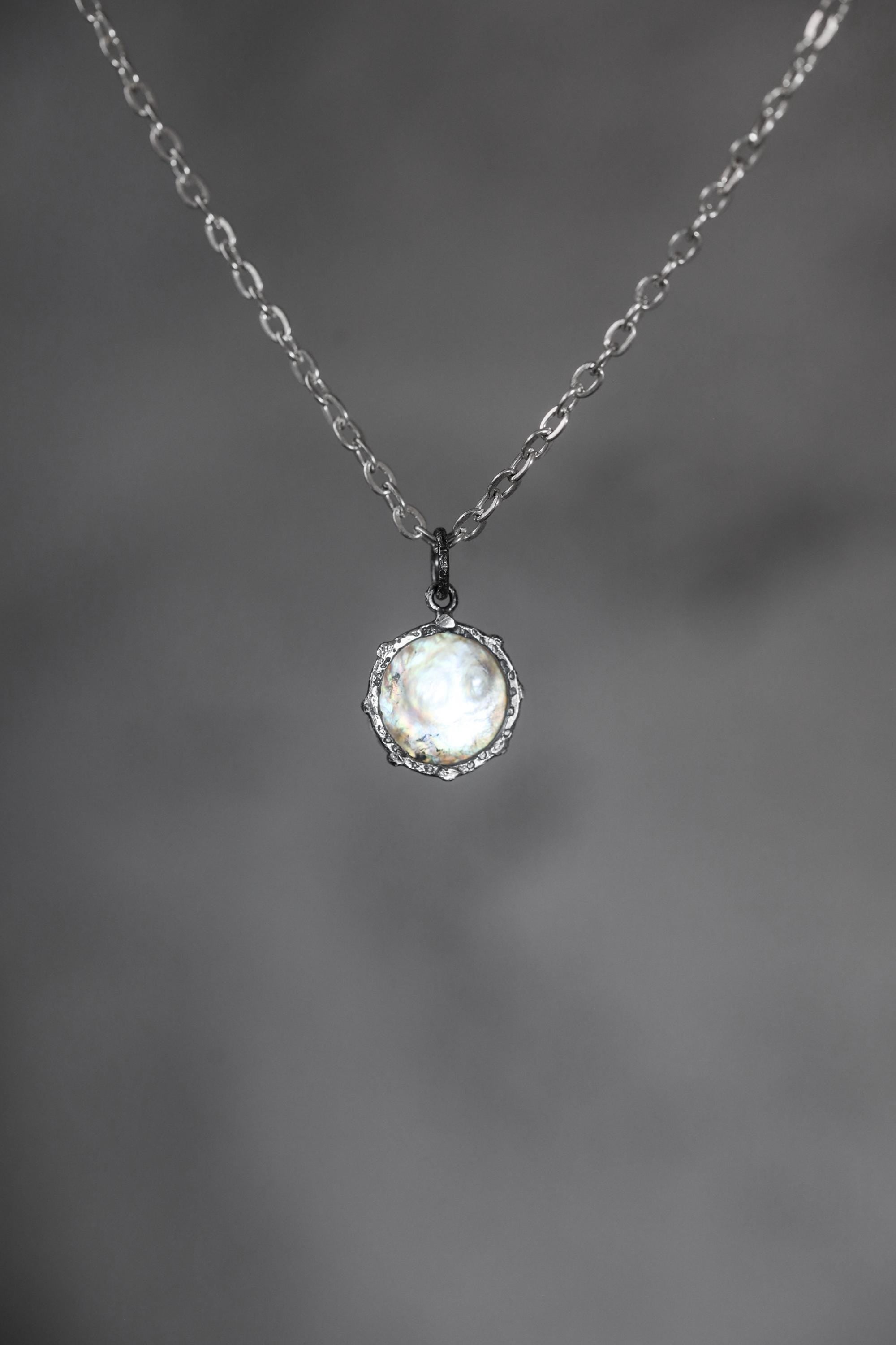 Round Pearl Disk Pendant, Natural Farmed Pearl, 925 Silver, Hammer Texture, Oxidized Finish, Moon Energy, June Birthstone Jewelry