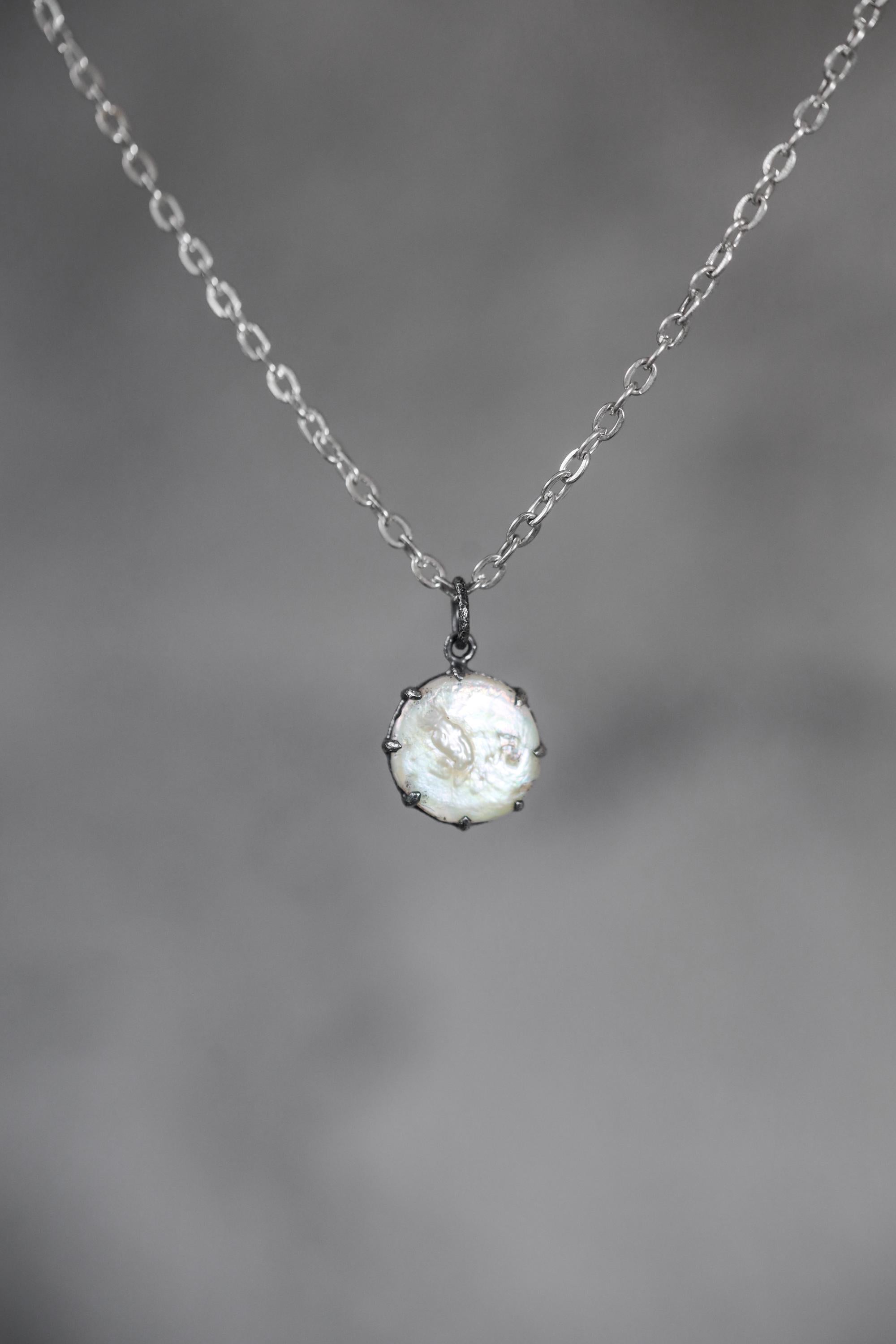 Hammered Sterling Silver Pearl Pendant, Oxidized Finish, June Birthstone