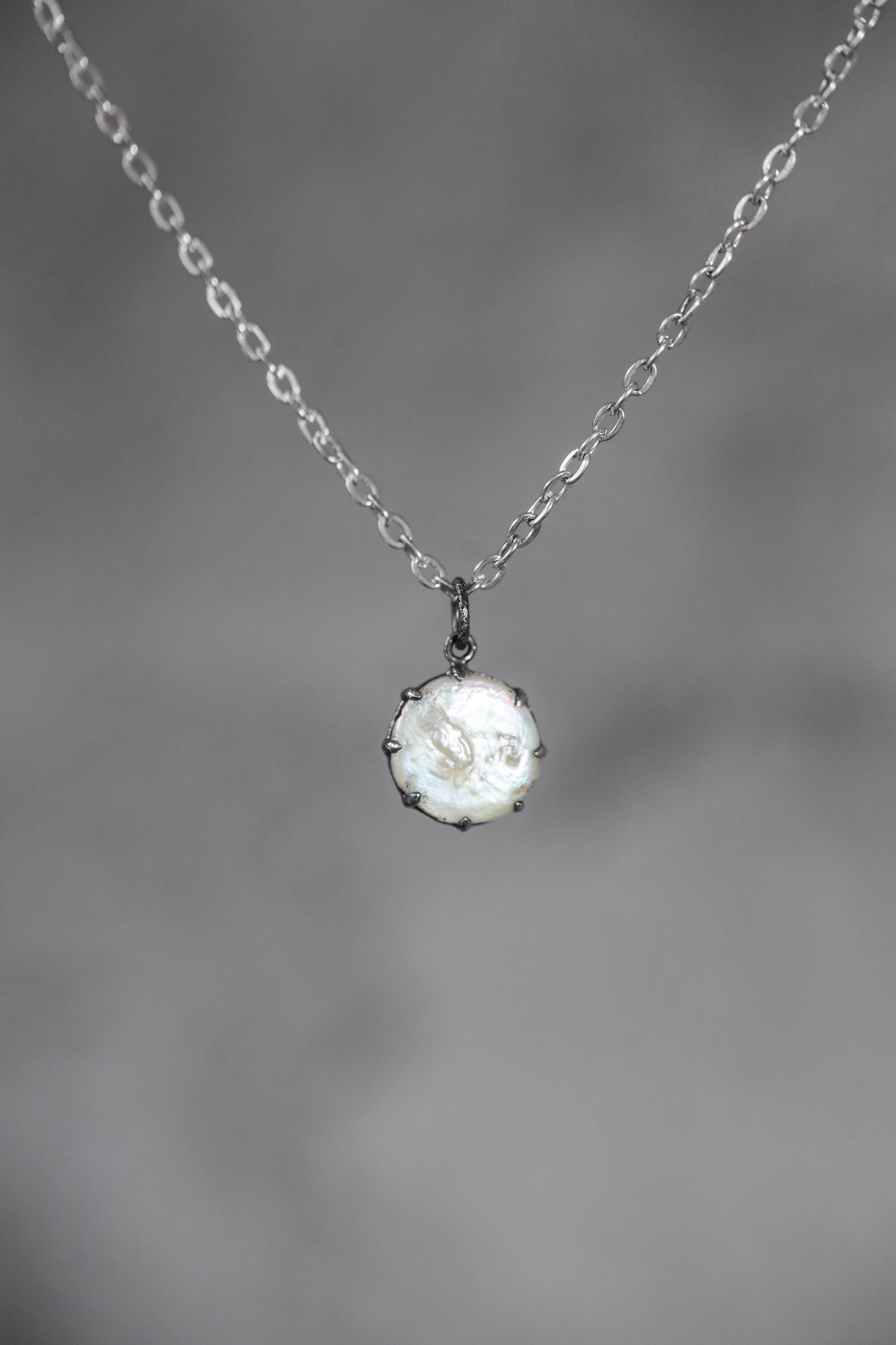 Round Pearl Disk Pendant, Natural Farmed Pearl, 925 Silver, Hammer Texture, Oxidized Finish, Moon Energy, June Birthstone Jewelry