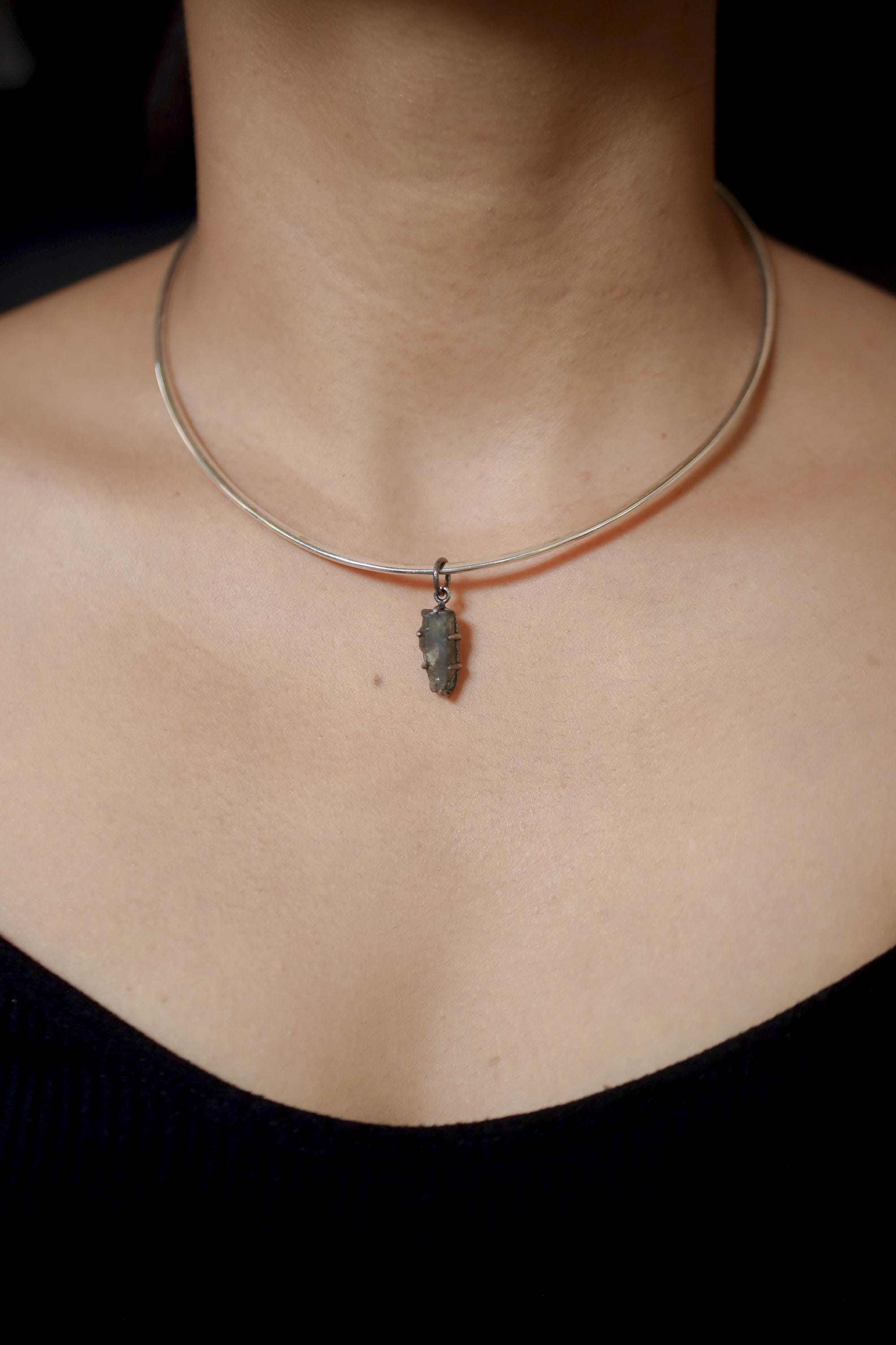 Raw Blue Tourmaline Pendant, Oxidized Sterling Silver Claw Setting