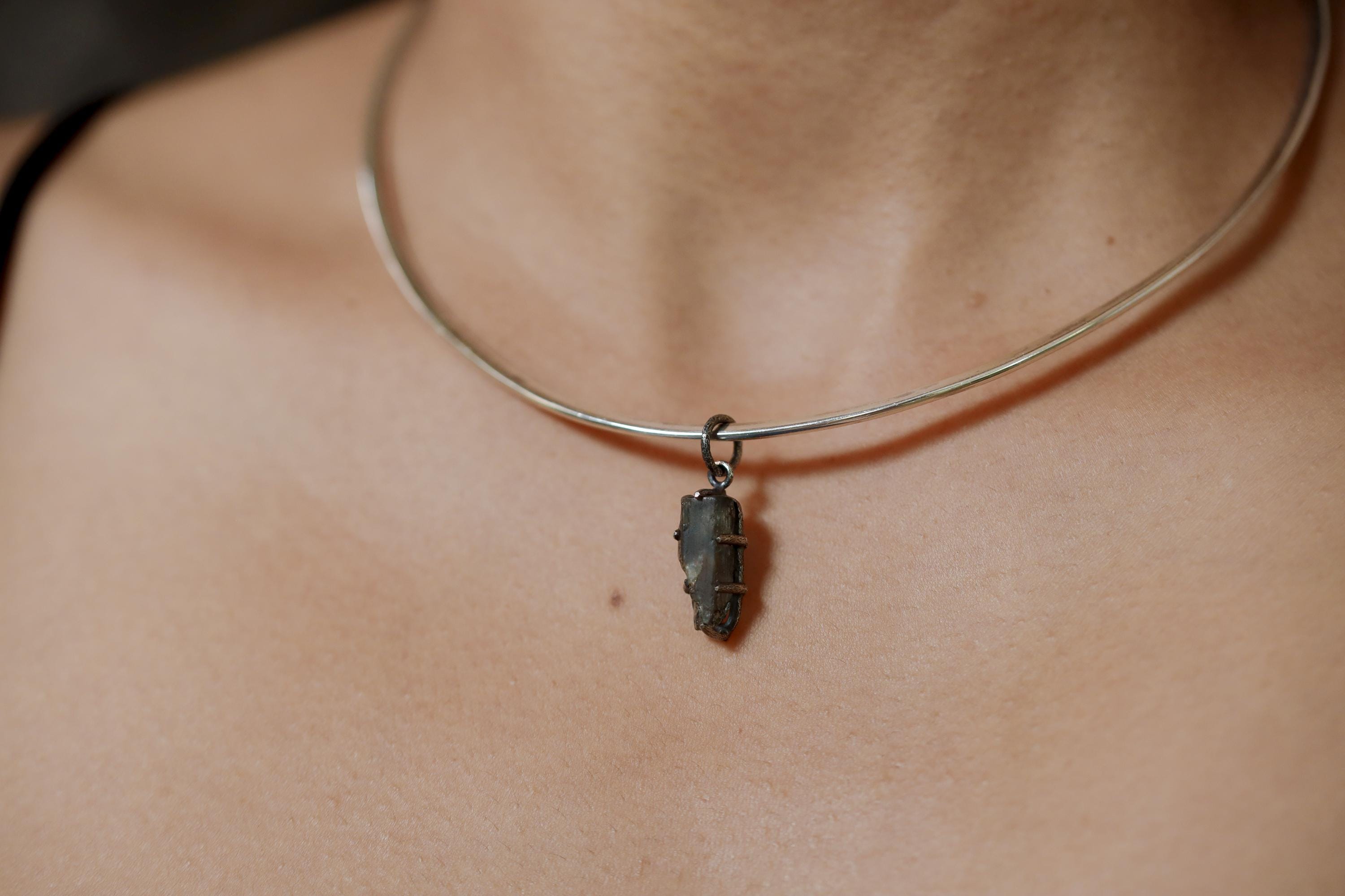 Raw Blue Tourmaline Pendant Sterling Silver Claw Setting Hammered Oxidized Frame High Grade Crystal Talisman Throat Chakra Jewelry