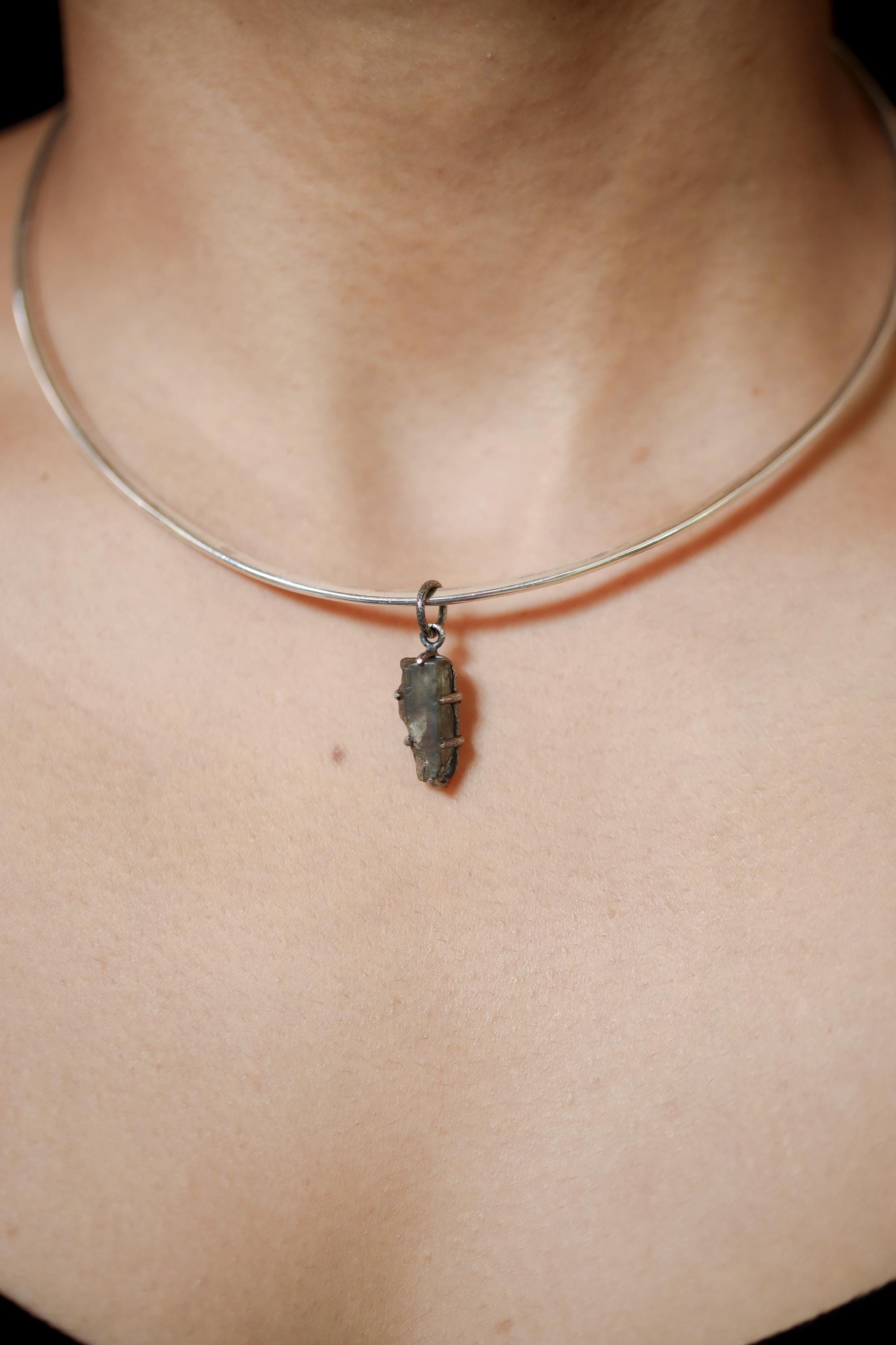 Raw Blue Tourmaline Pendant Sterling Silver Claw Setting Hammered Oxidized Frame High Grade Crystal Talisman Throat Chakra Jewelry