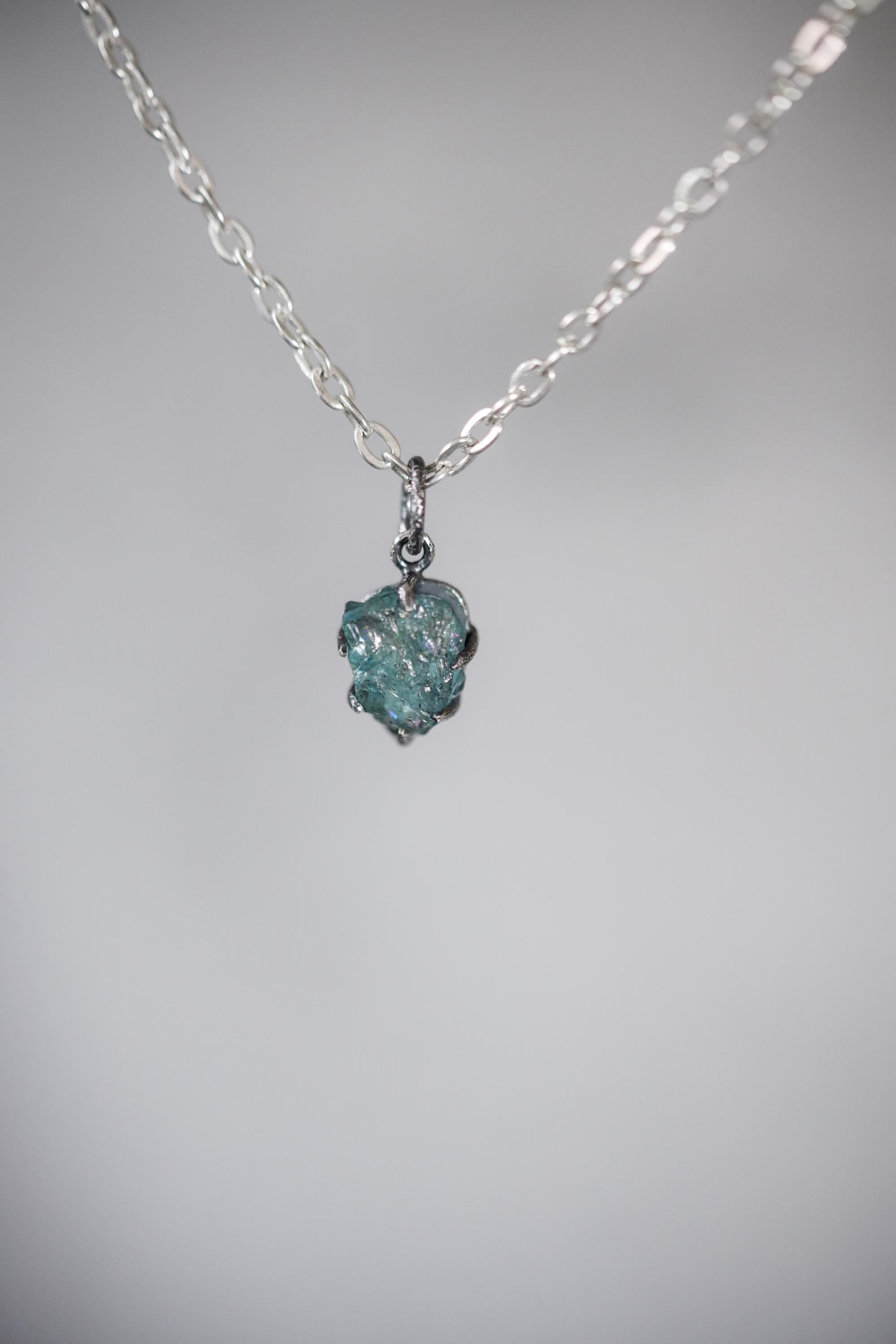 Aqua Blue Facet Grade Natural Gem Aquamarine Chunk, Sterling Silver Pendant, Claw Setting, Hammer Textured & Oxidized, Healing Crystal Gift