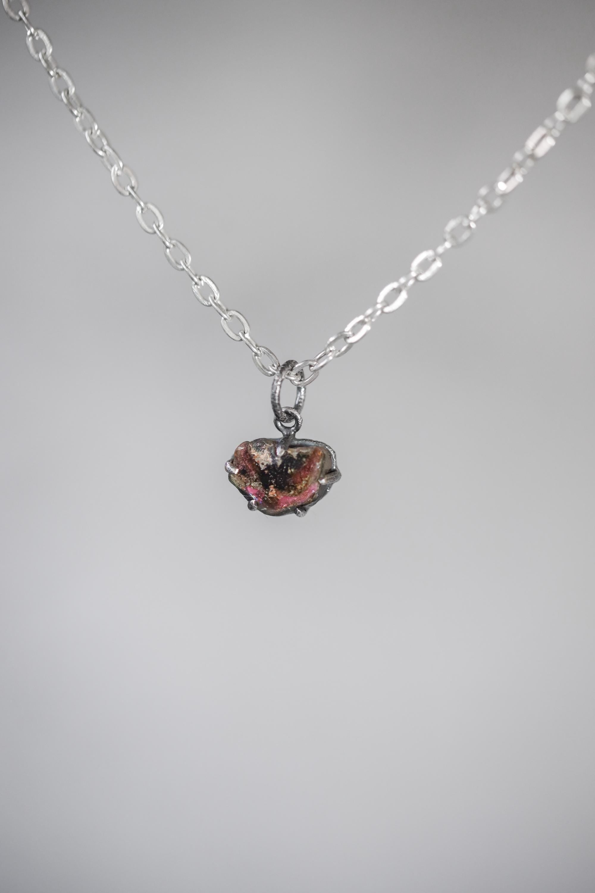 Polished slice of Natural Gem Pink Tourmaline (Rubellite) Wand Pendant, 925 Sterling Silver, Oxidized Hammer Texture, Crystal Jewelry Gift