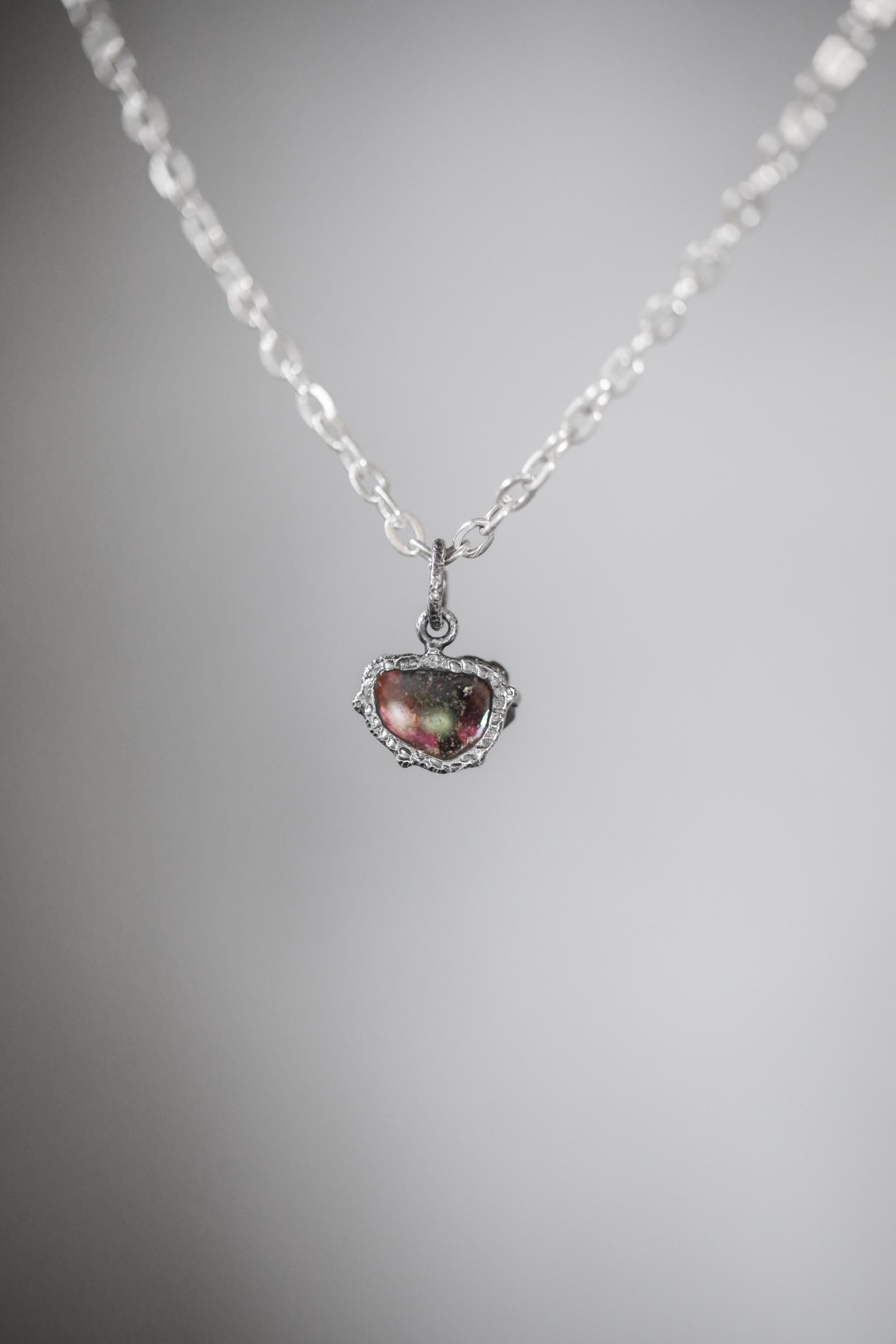 Polished slice of Natural Gem Pink Tourmaline (Rubellite) Wand Pendant, 925 Sterling Silver, Oxidized Hammer Texture, Crystal Jewelry Gift