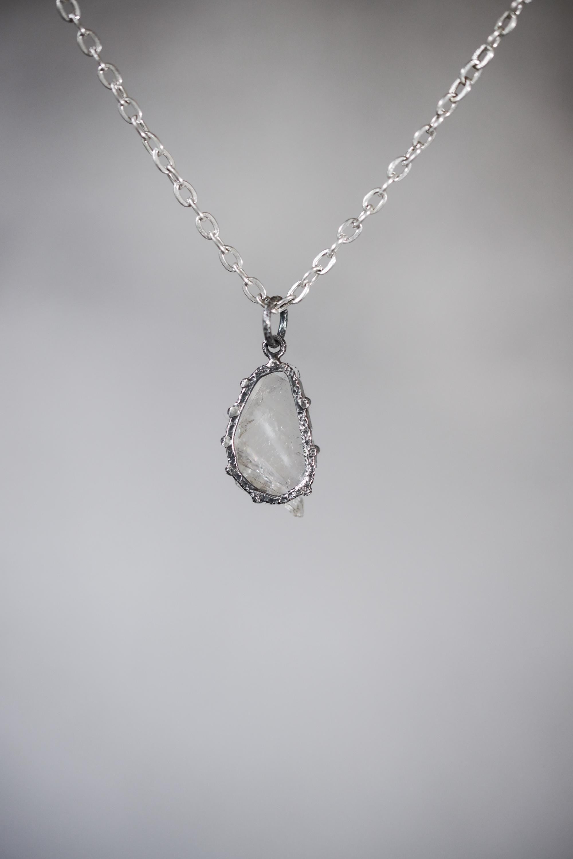 Tabular Faden Quartz Pendant Sterling Silver Claw Setting Hammer Texture Oxidized Finish Crown Chakra Raw Crystal Jewelry