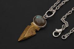 Labradorite Obsidian spearhead pendant shown with silver chain and adjustable cotton cord.