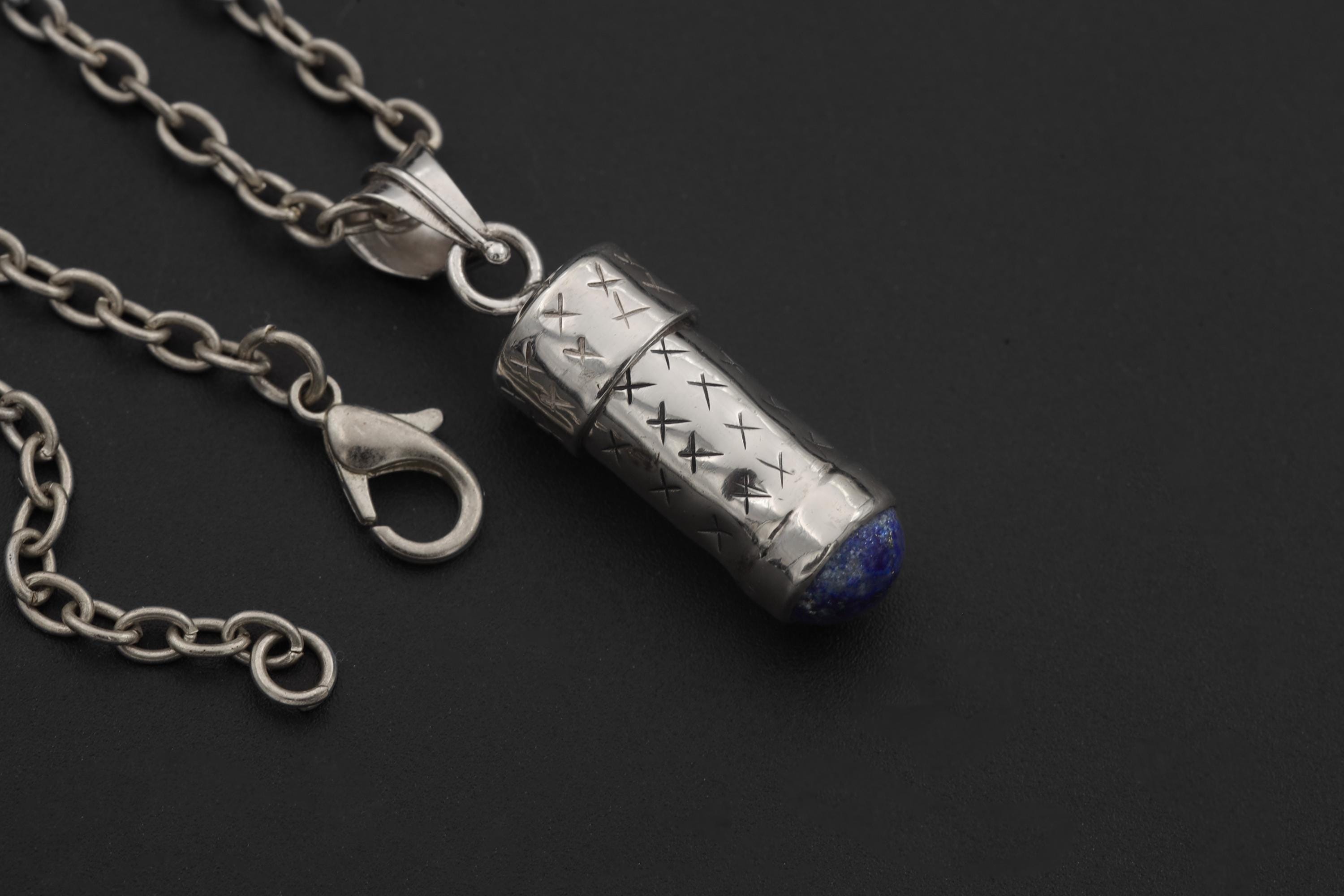 Silver Capsule Pendant Lapis Lazuli 925 Secret Holder Necklace High Polish Functional Keepsake Jewelry Gift