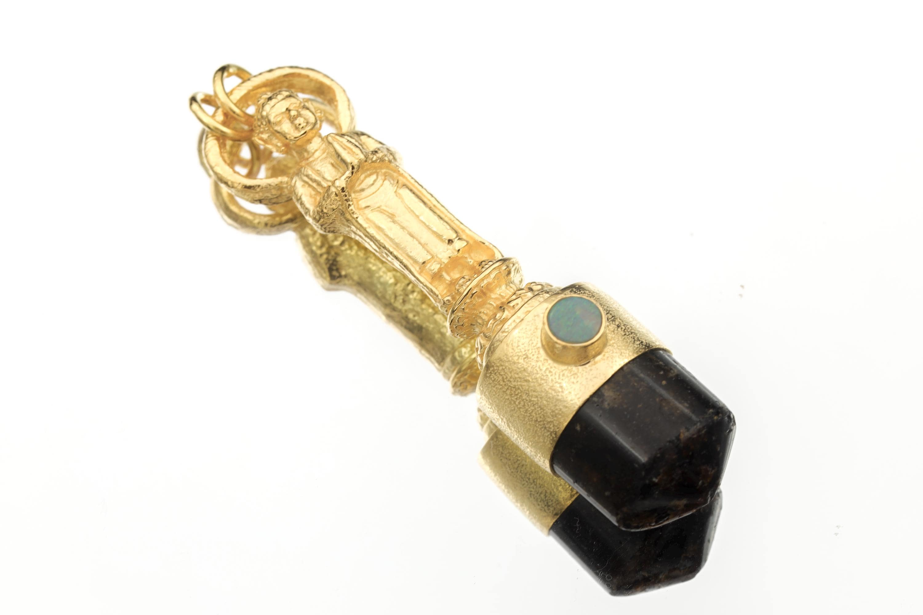 Cast Buddha talisman pendant with Lightning Ridge Opal & Polished gem Brown Dravite Tourmaline point, gold plated, spiritual jewelry.