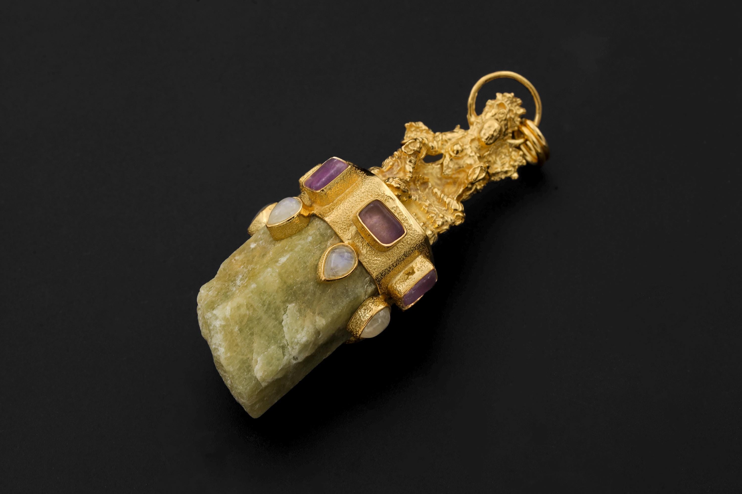 Cast Praying Sarasvati Talisman, Amethyst Quartz, Blue Moonstone, Chunky Natural Australian Aquamarine Wand, 925 Silver, Gold Plated