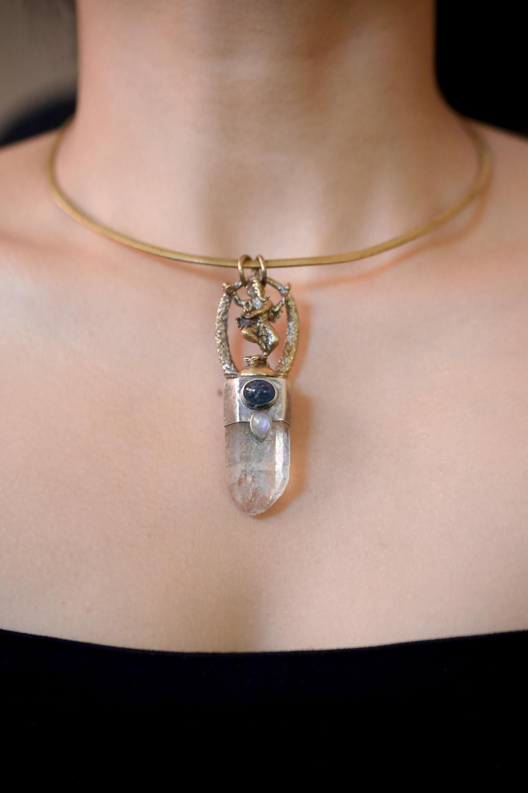 Ganesha Quartz Talisman Brass Cast Pendant, Pyrite Inclusion Quartz, Kyanite, Blue Moonstone, 925 Silver, Oxidized Hammered Textured