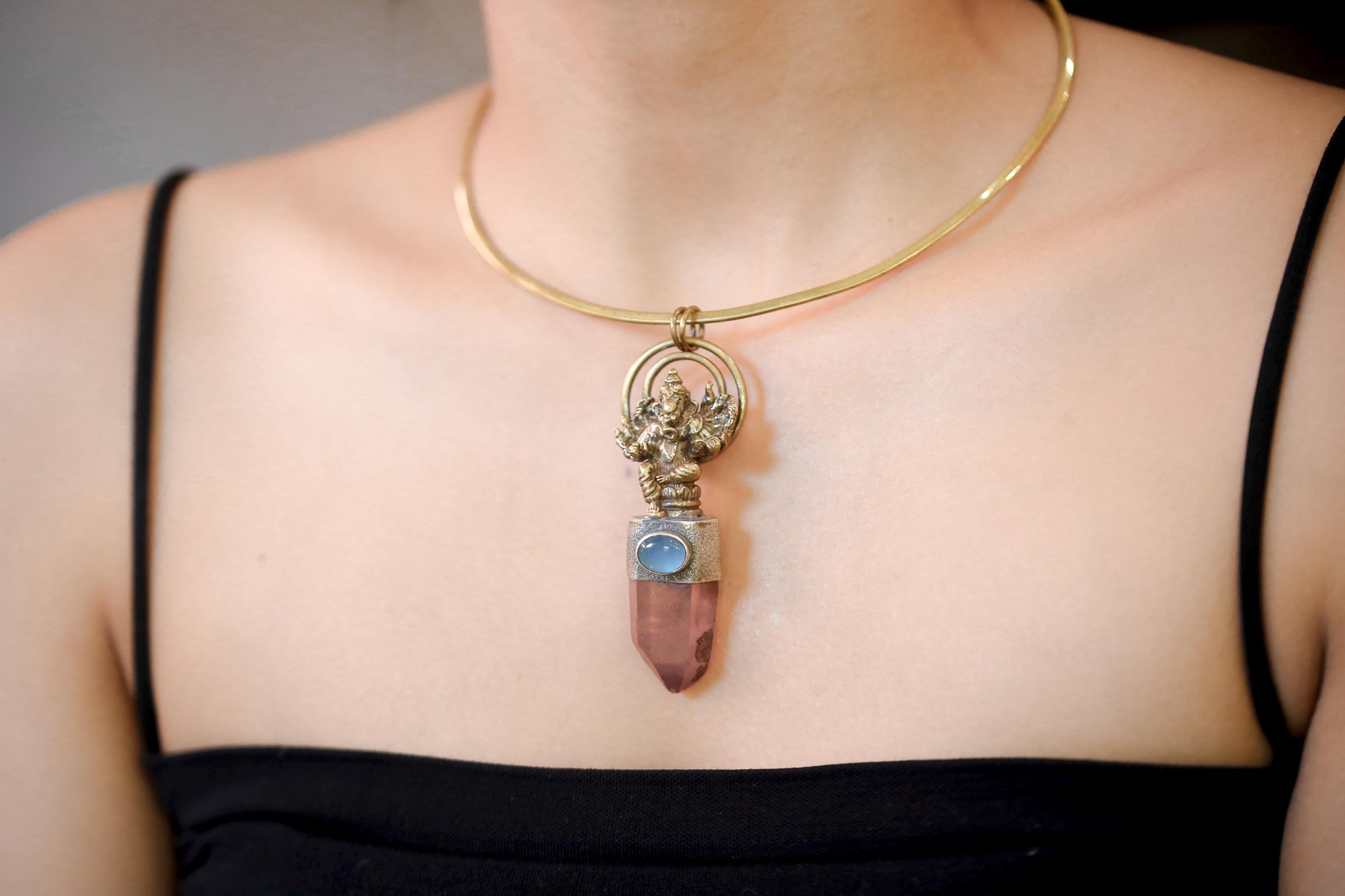 Ganesha Talisman Brass Cast Pendant, Australian Lithium Finger Quartz, High-Grade Aquamarine Cabochon, Oxidised Silver Bezel & Sand Textured