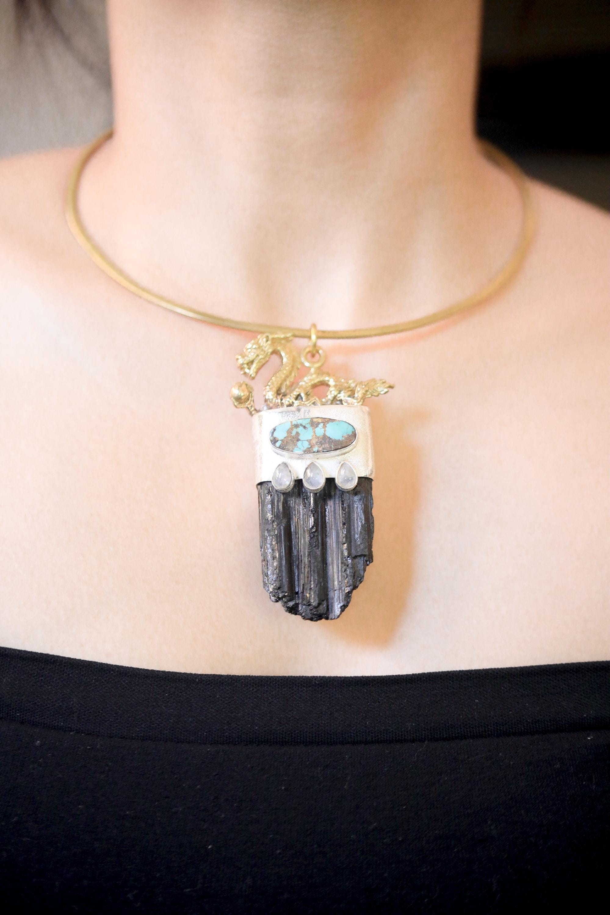 Dragon Gold Brass Cast Talisman Pendant, Chunky Raw Black Tourmaline, Sleeping Beauty Oval Turquoise Cabochon & Blue Moonstone, Silver Bezel