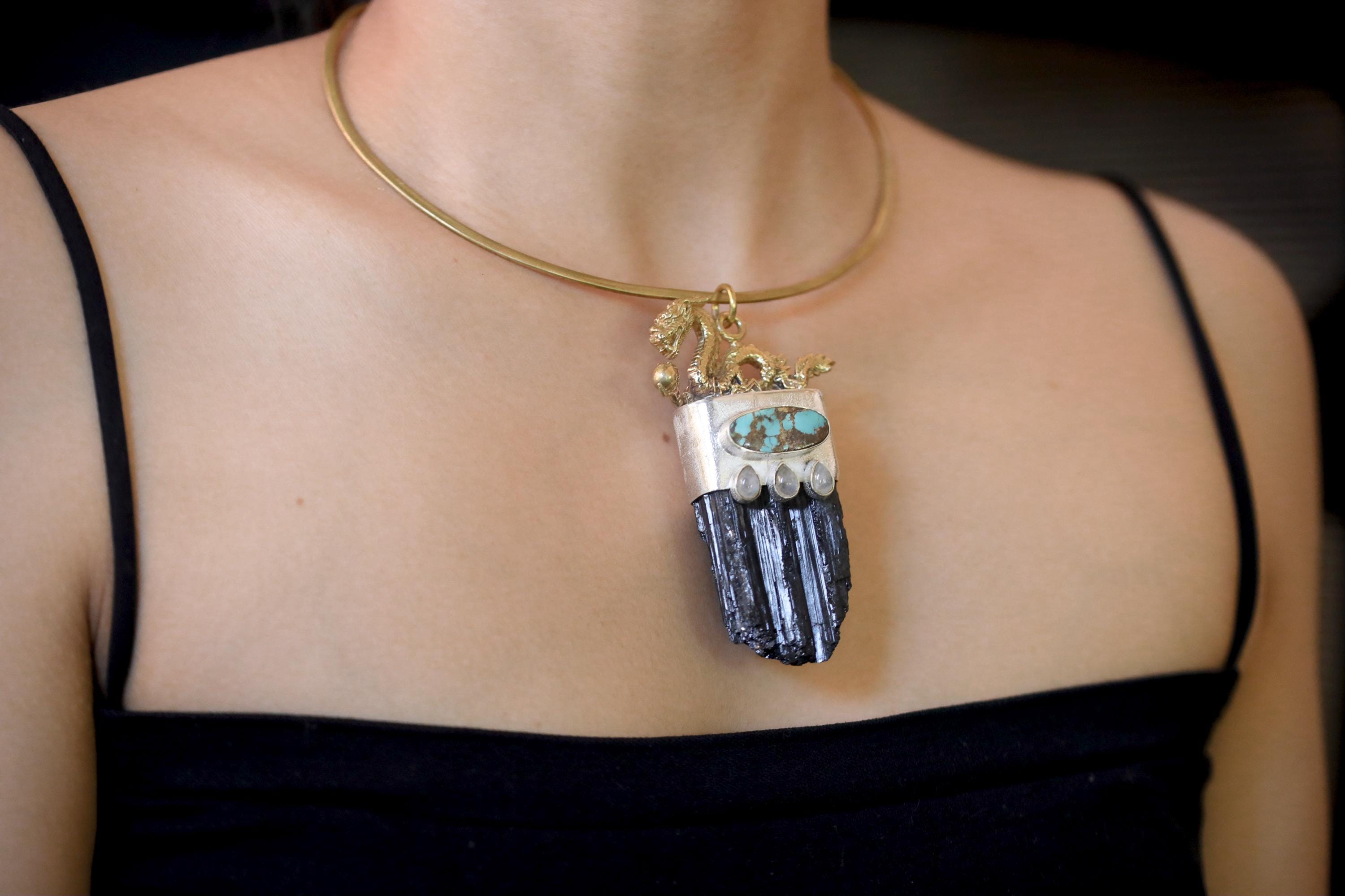 Dragon Gold Brass Cast Talisman Pendant, Chunky Raw Black Tourmaline, Sleeping Beauty Oval Turquoise Cabochon & Blue Moonstone, Silver Bezel