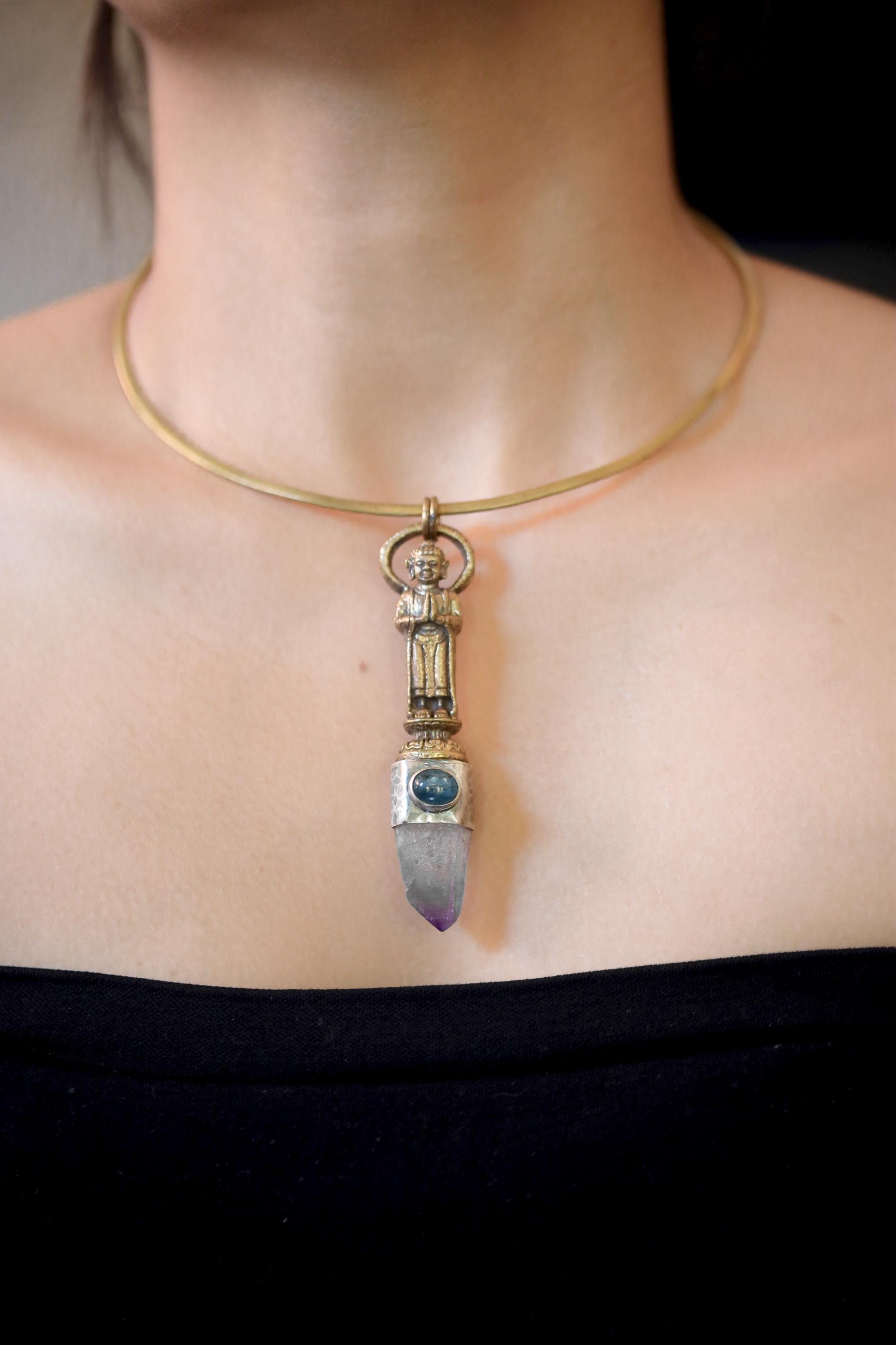 Buddha Talisman Brass Cast Pendant, Vera Cruz Amethyst Laser Point, High-Grade Australian Ocean Kyanite, 925 Silver Bezel, Oxidised,Textured