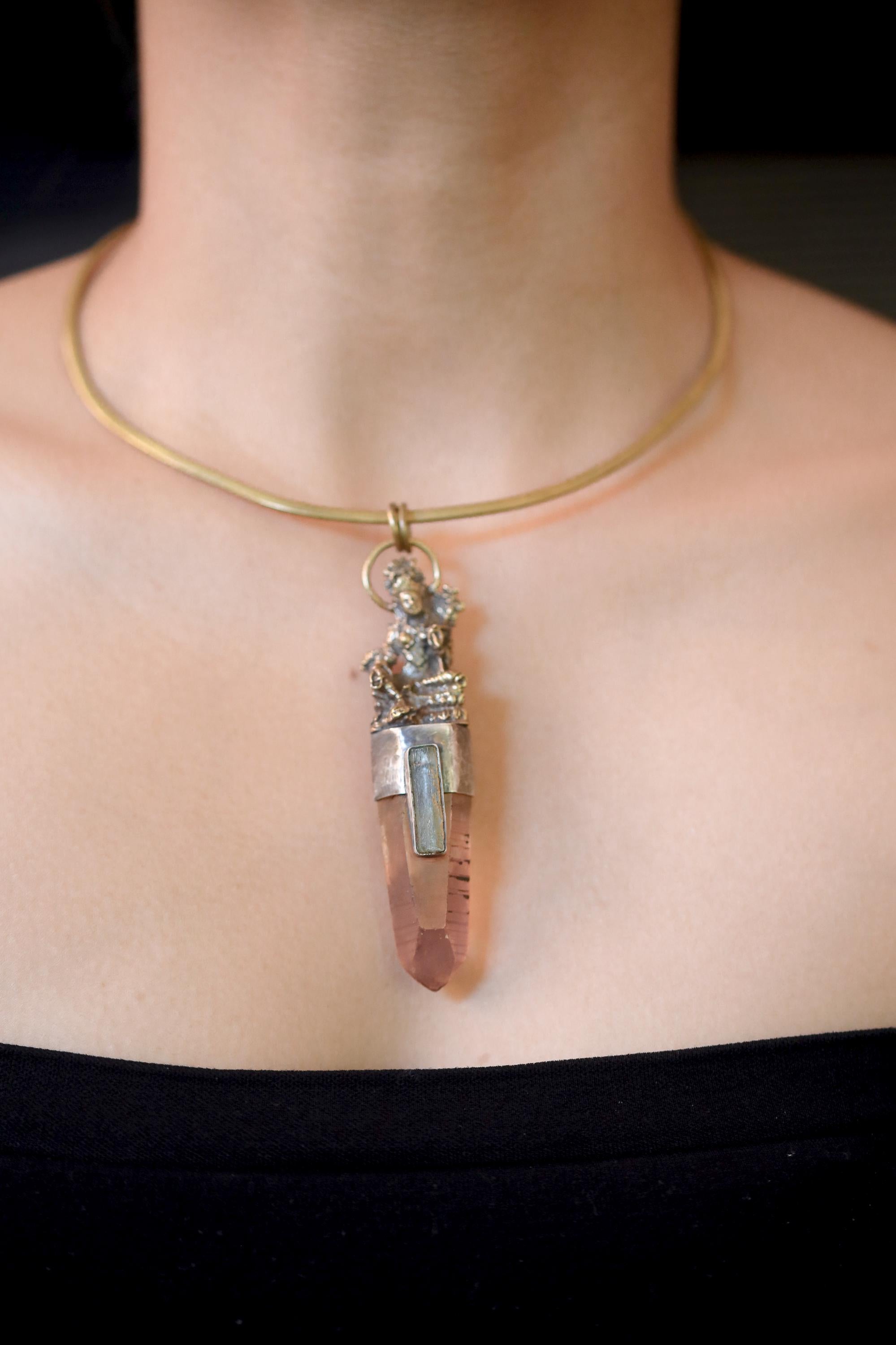 Saraswati Brass Cast Pendant, Australian Lemurian Laser Lithium Quartz & Australian Raw Aquamarine Wand, 925 Silver Bezel, Oxidized Textured