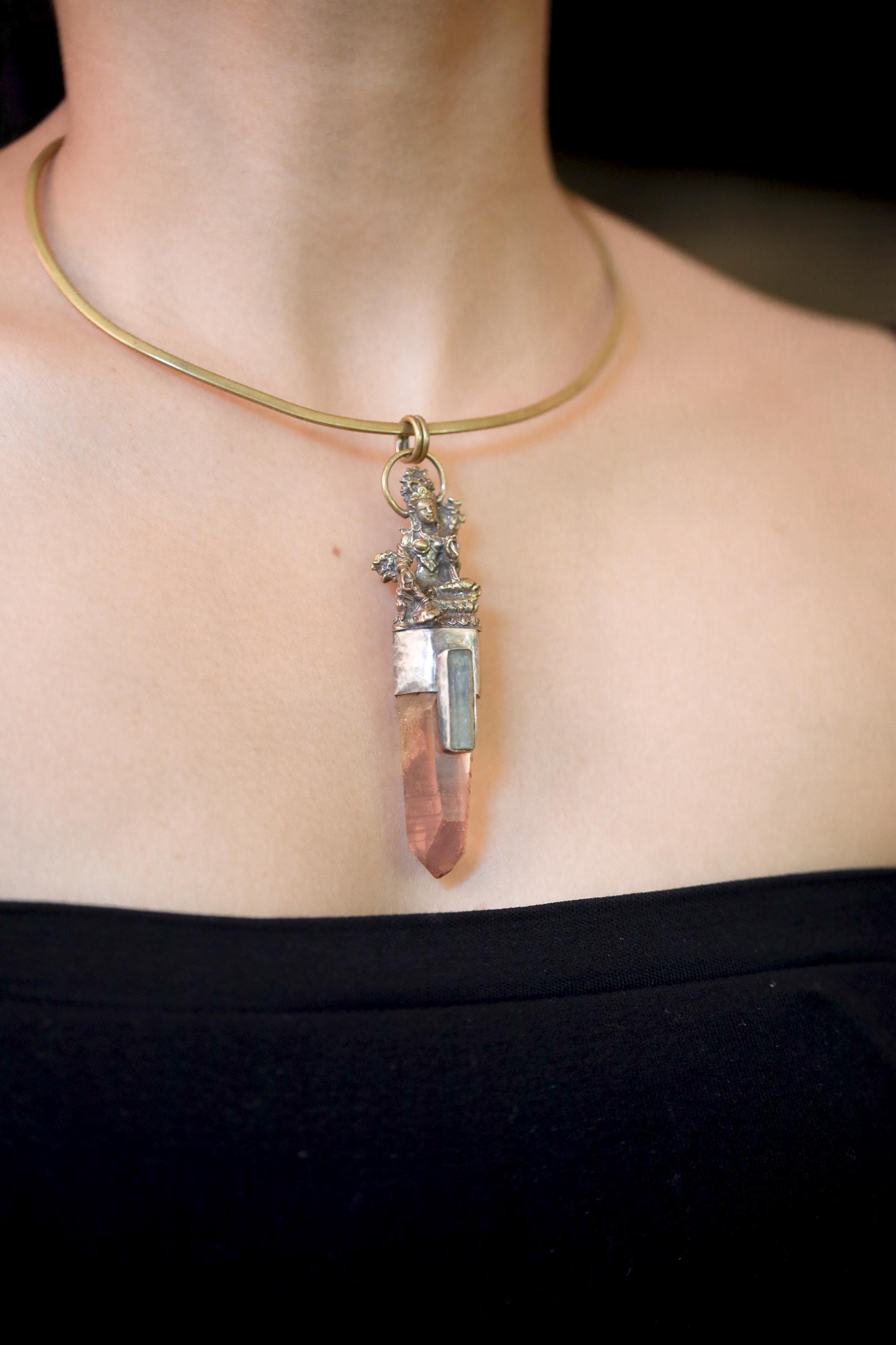 Saraswati Brass Cast Pendant, Australian Lemurian Laser Lithium Quartz & Australian Raw Aquamarine Wand, 925 Silver Bezel, Oxidized Textured