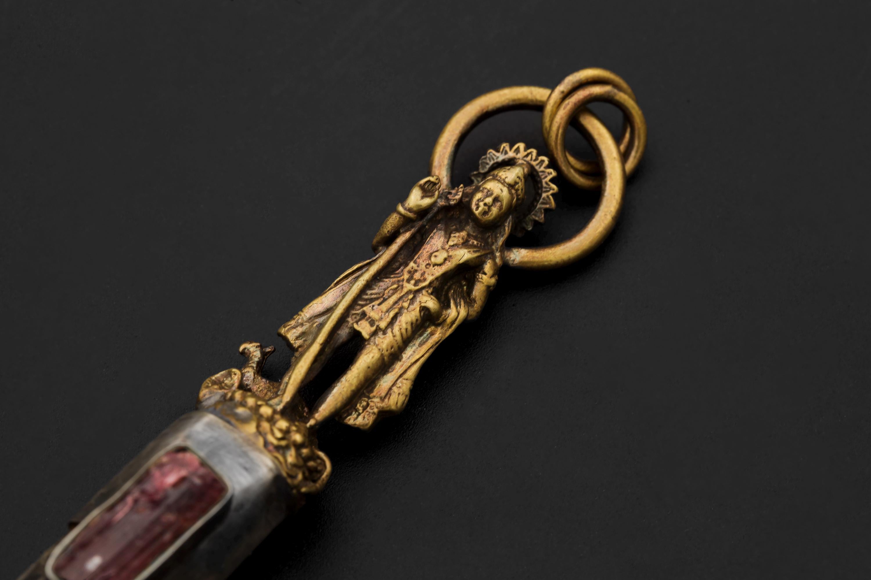 Saraswati Talisman Brass Cast Pendant, Himalayan Singing Lemurian Laser Point & Raw Gem Pink Tourmaline Rubellite Wand, 925 Silver Bezel