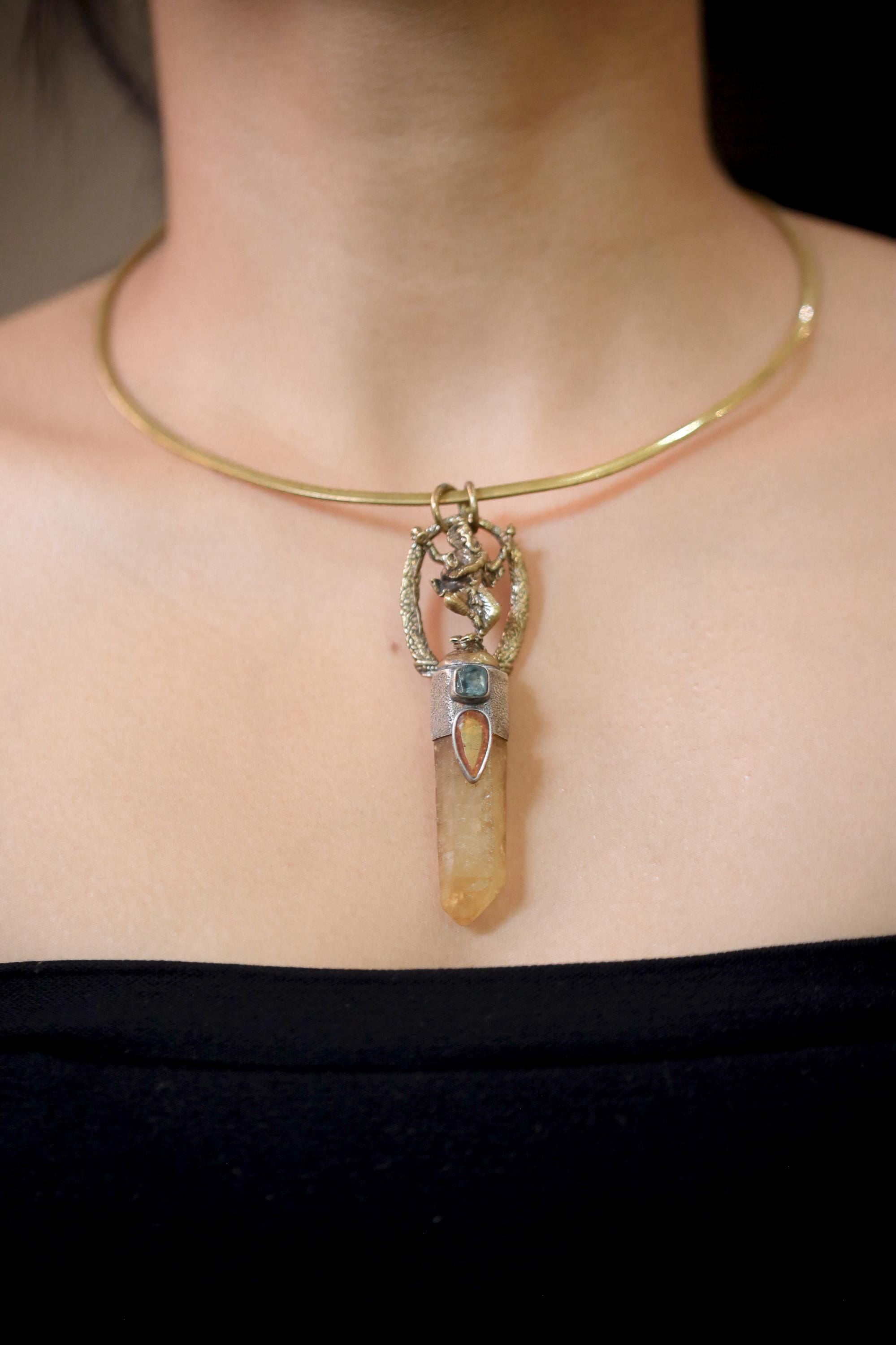 Ganesha Citrine Quartz Brass Cast Gold Plated Talisman Pendant, Silver Bezel, Raw Gem Apatite, Faceted Orange Gem Kyanite, Oxidized,Textured