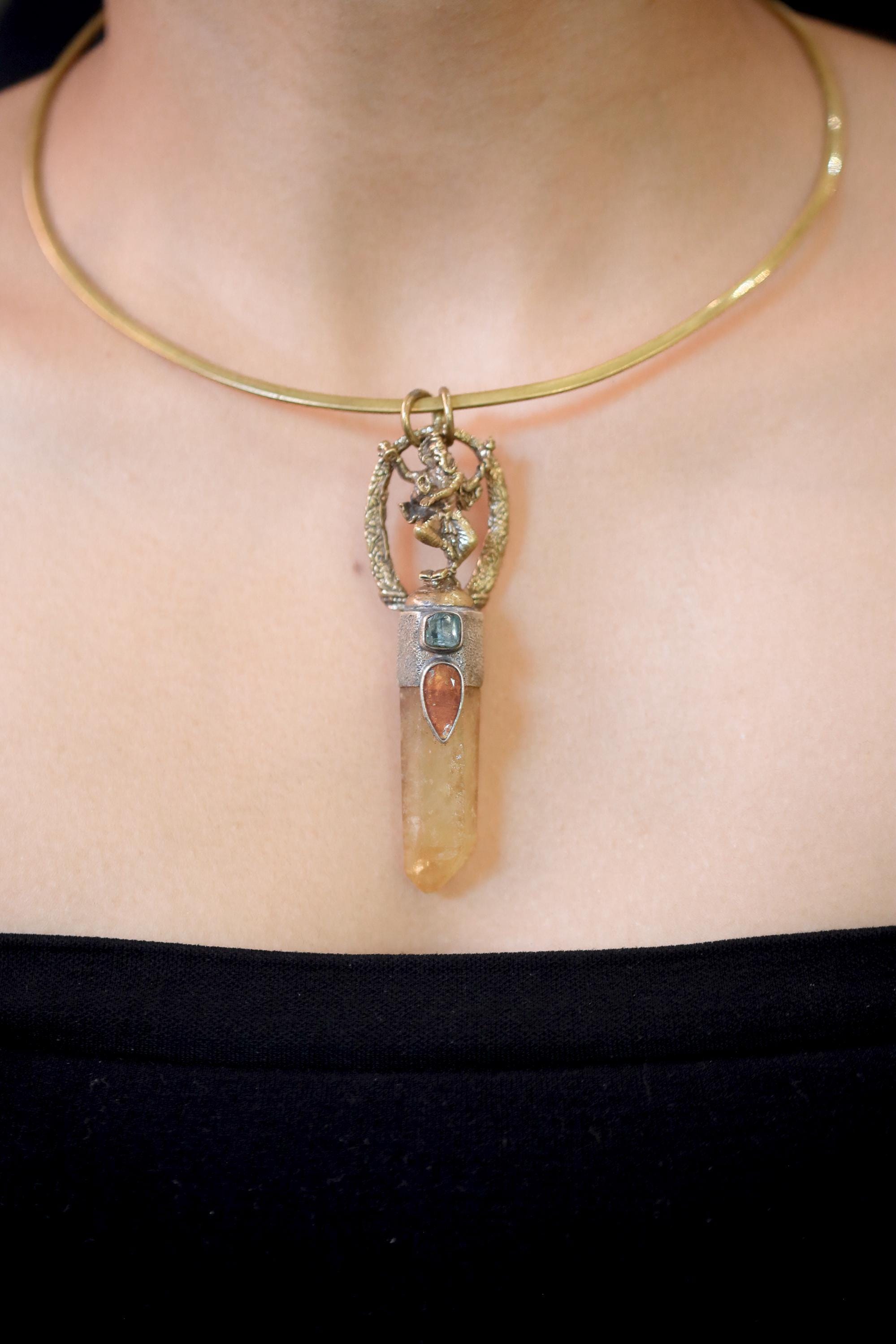 Ganesha Citrine Quartz Brass Cast Gold Plated Talisman Pendant, Silver Bezel, Raw Gem Apatite, Faceted Orange Gem Kyanite, Oxidized,Textured