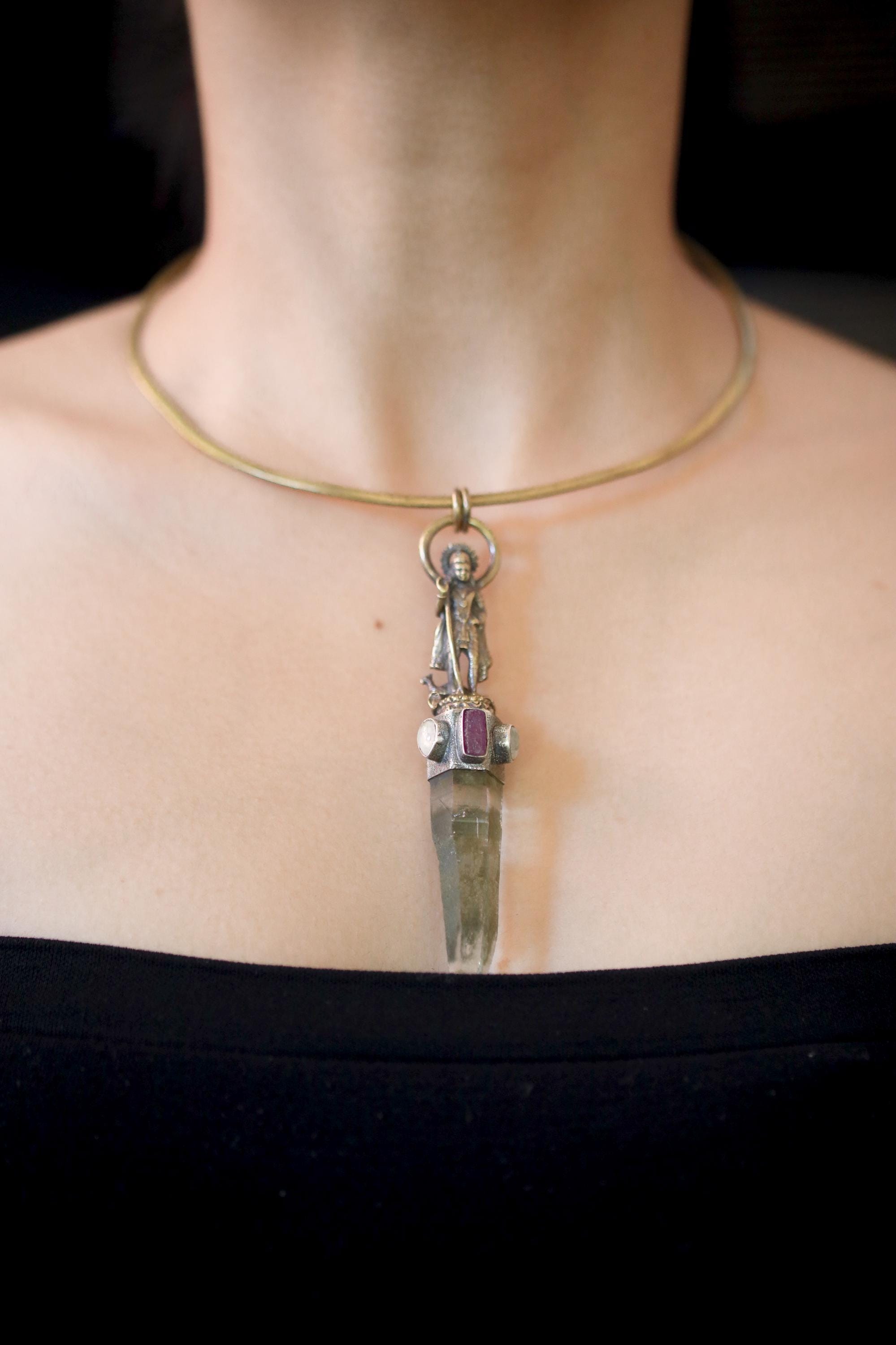 Saraswati Talisman Brass Cast Pendant, Himalayan Chlorite Lemurian Quartz, Rubellite and Blue Moonstone with Silver Bezel Brush Textured