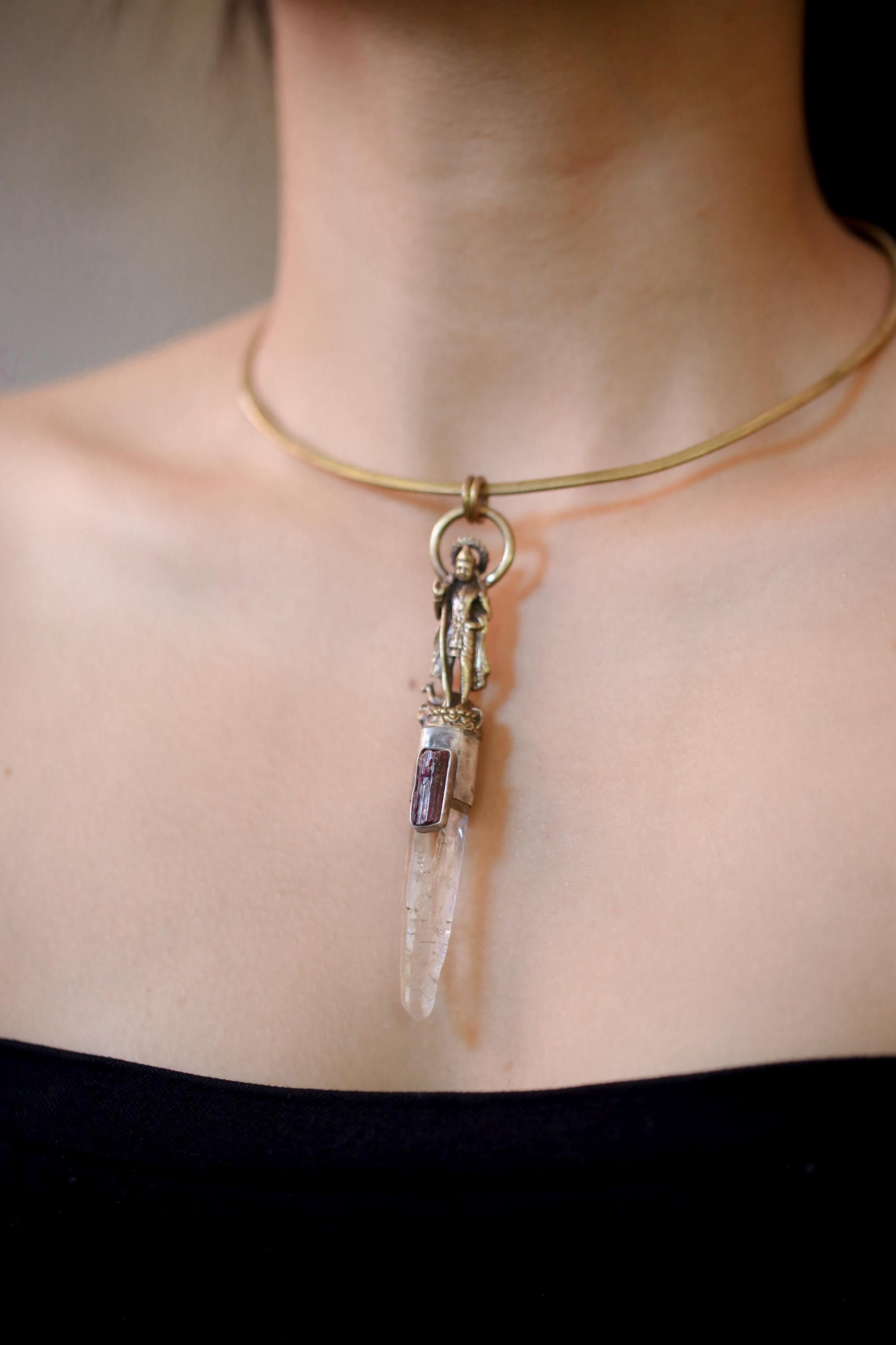 Saraswati Talisman Brass Cast Pendant, Himalayan Singing Lemurian Laser Point & Raw Gem Pink Tourmaline Rubellite Wand, 925 Silver Bezel