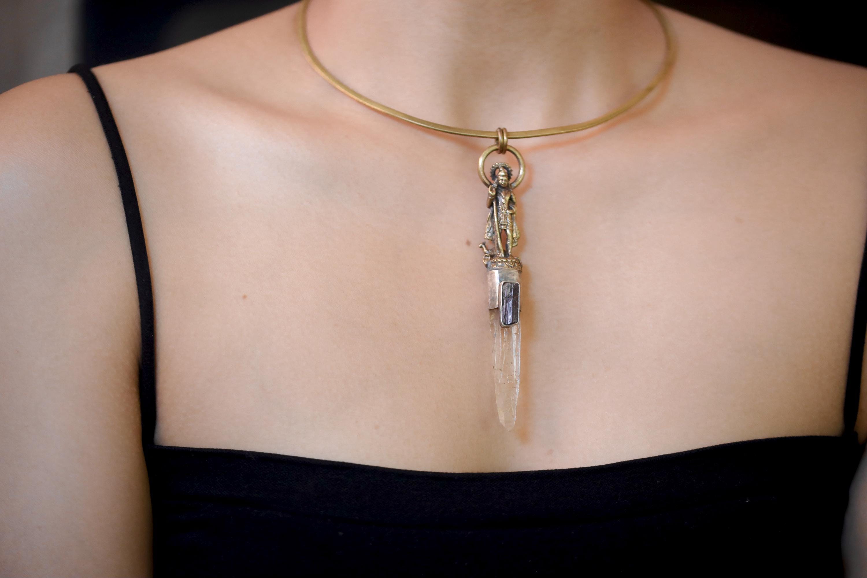 Saraswati Talisman Brass Cast Pendant, Himalayan Singing Lemurian Laser Point & Raw Gem Pink Tourmaline Rubellite Wand, 925 Silver Bezel