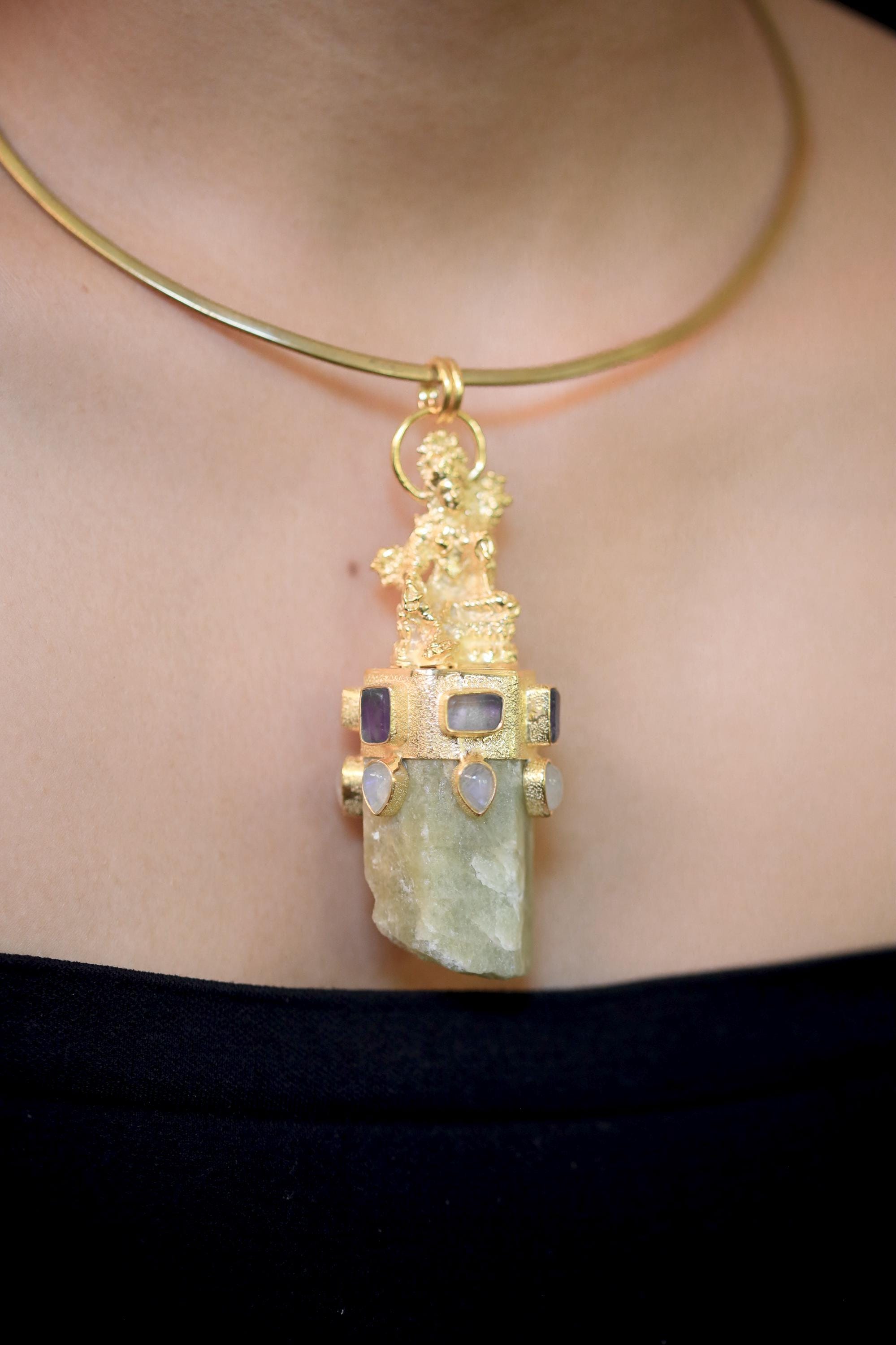 Cast Praying Sarasvati Talisman, Amethyst Quartz, Blue Moonstone, Chunky Natural Australian Aquamarine Wand, 925 Silver, Gold Plated