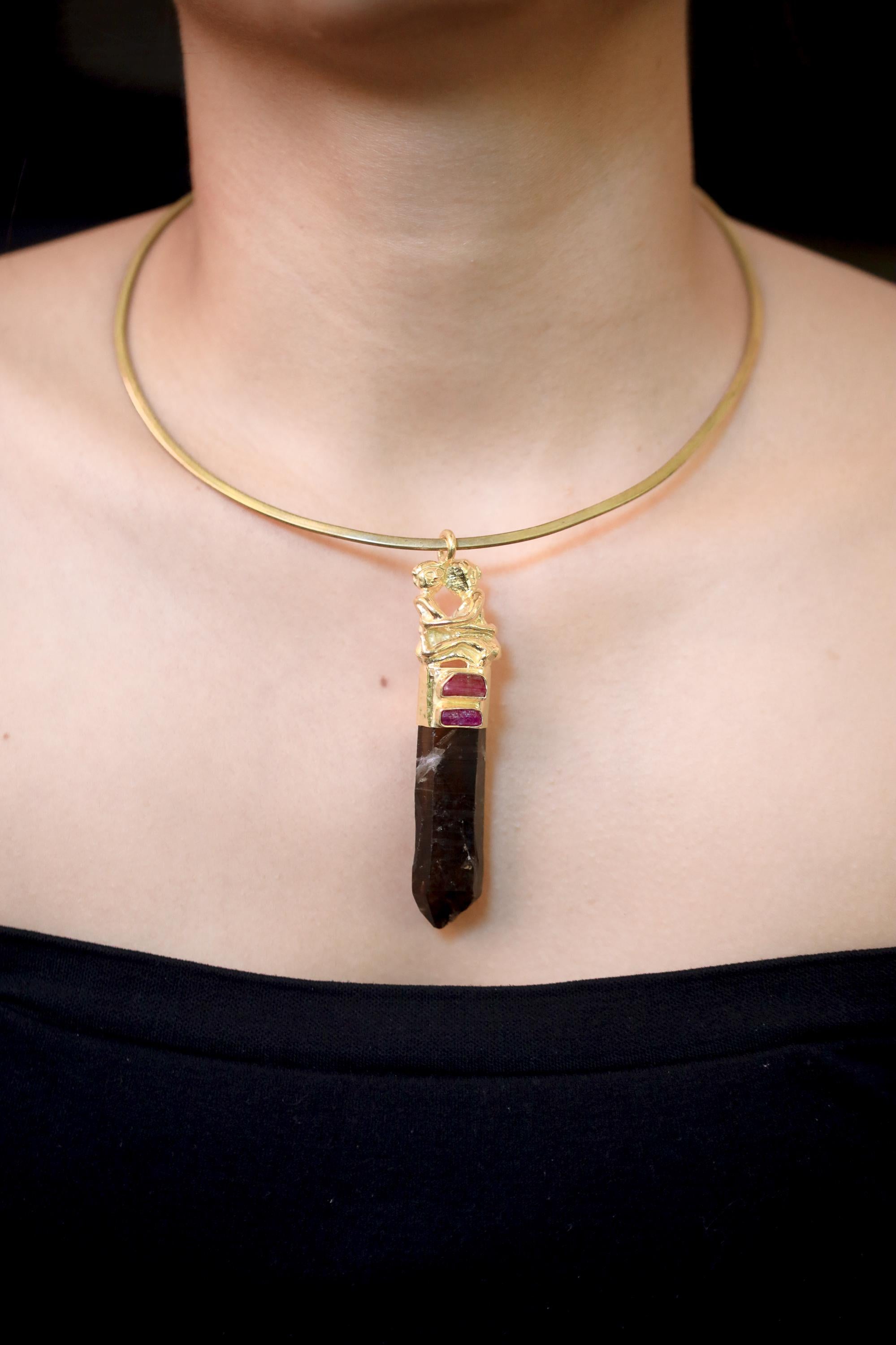 Pink Tourmaline Ruby Smoky Quartz Talisman Pendant, Cast Loving Couple, 925 Silver Bezel, Gold Plated, Heart Root Chakra Amulet