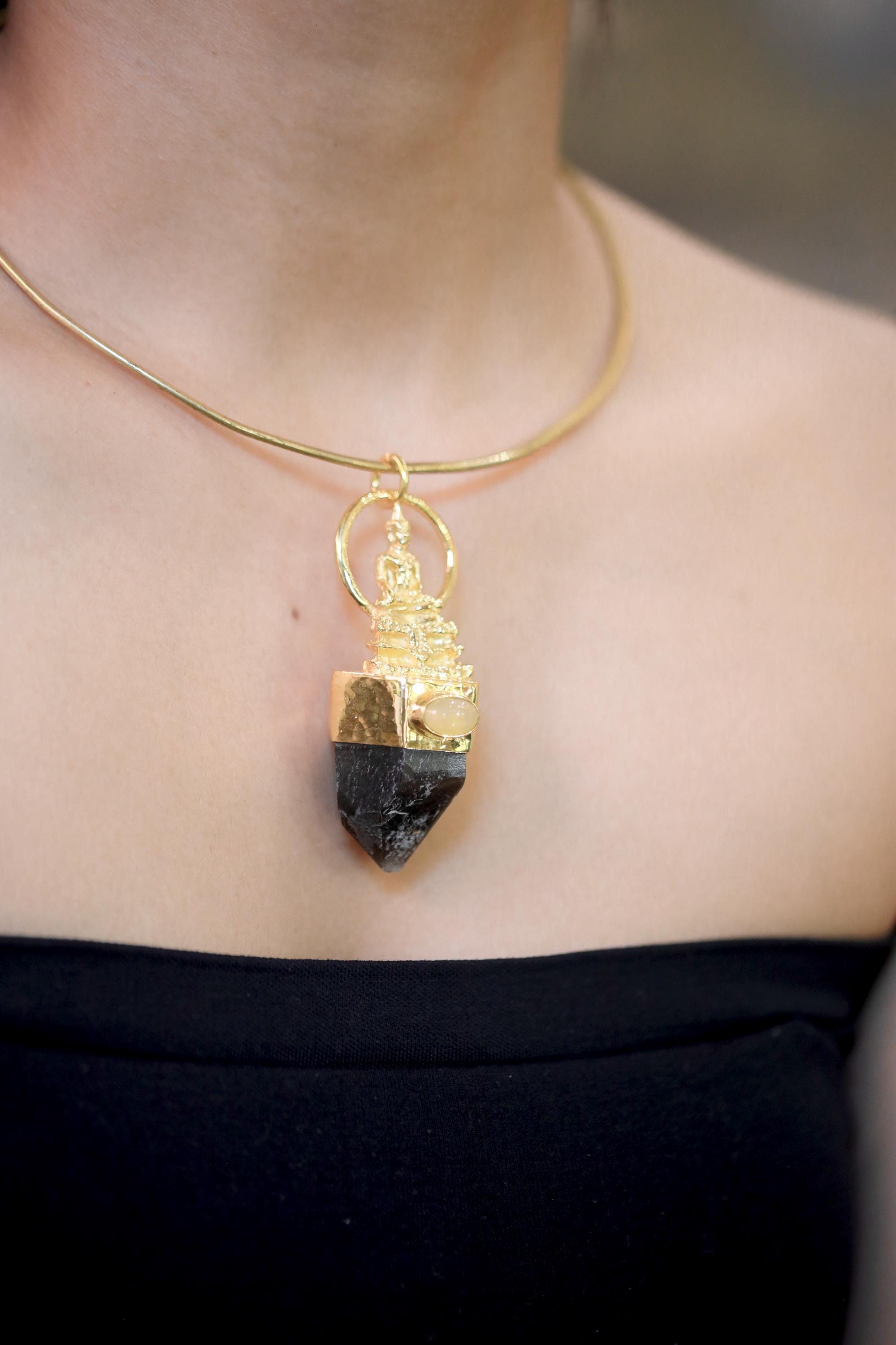Buddha Talisman Pendant, Ethiopian Opal & Australian Dark Smoky Record Keeper Quartz, Gold Plated, Crown Chakra Meditation Jewelry