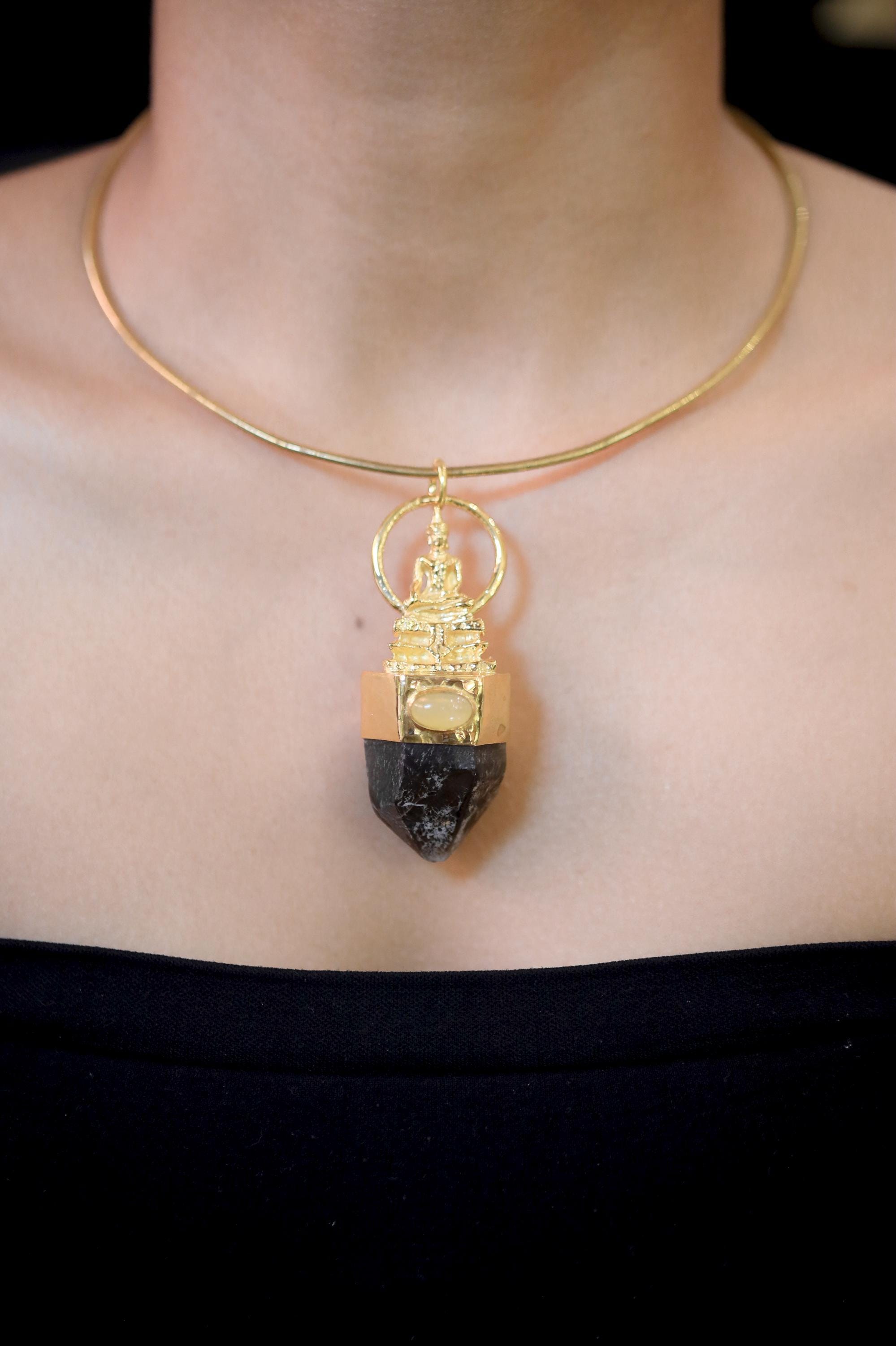 Buddha Talisman Pendant, Ethiopian Opal & Australian Dark Smoky Record Keeper Quartz, Gold Plated, Crown Chakra Meditation Jewelry