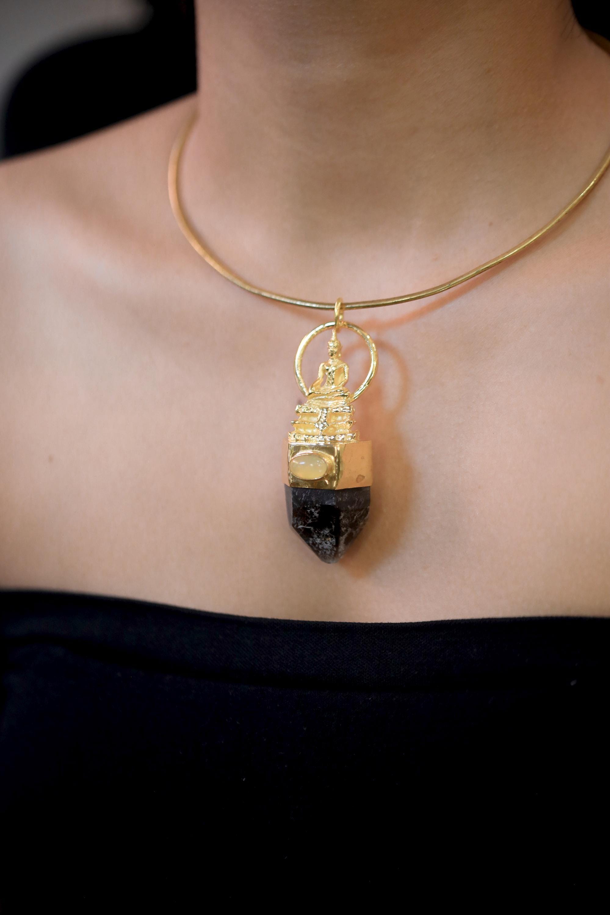 Buddha Talisman Pendant, Ethiopian Opal & Australian Dark Smoky Record Keeper Quartz, Gold Plated, Crown Chakra Meditation Jewelry