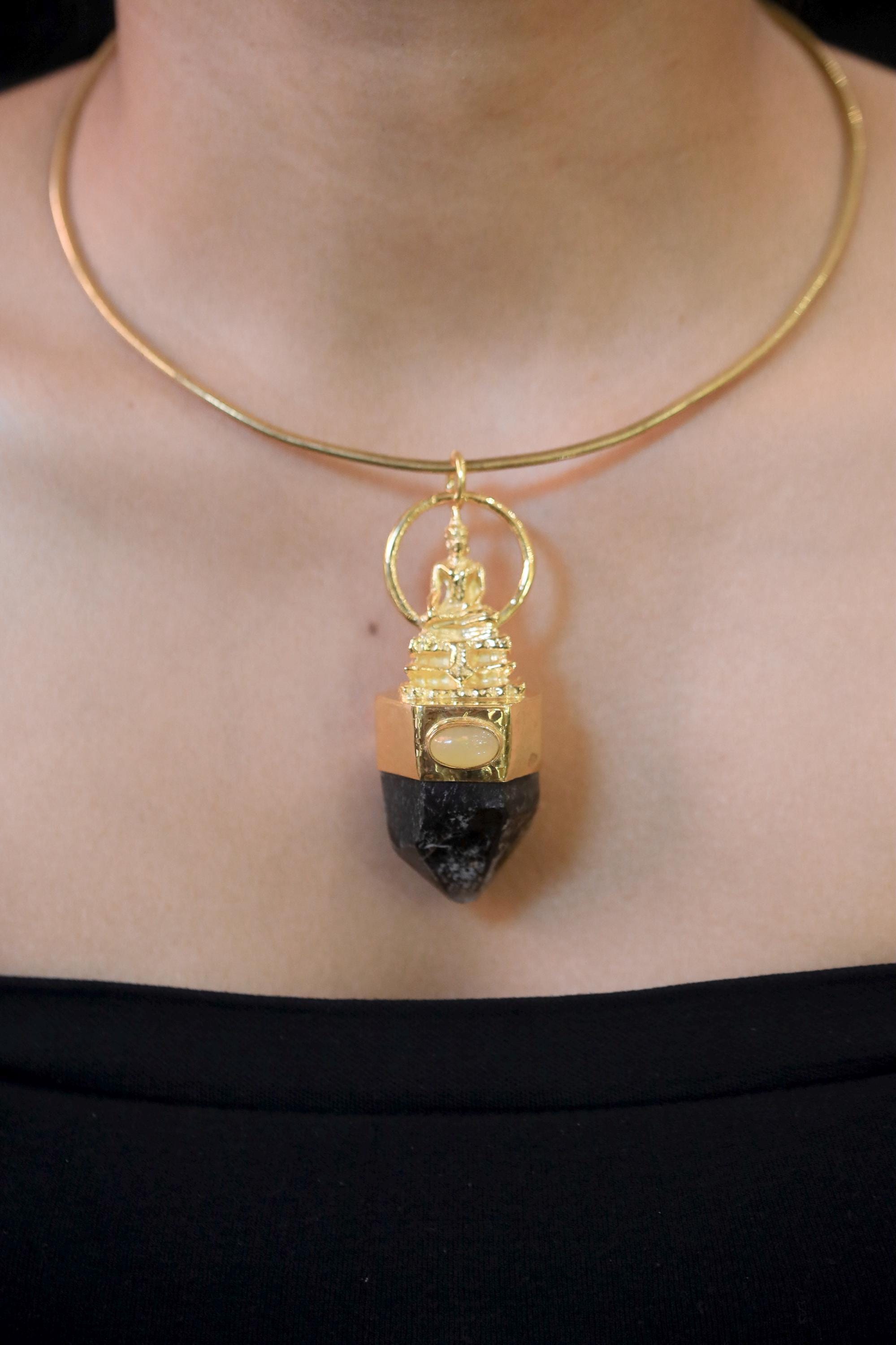 Ethiopian Opal Smoky Quartz Necklace Gold Plated Silver Buddha Pendant Meditation Spiritual Jewelry Gift