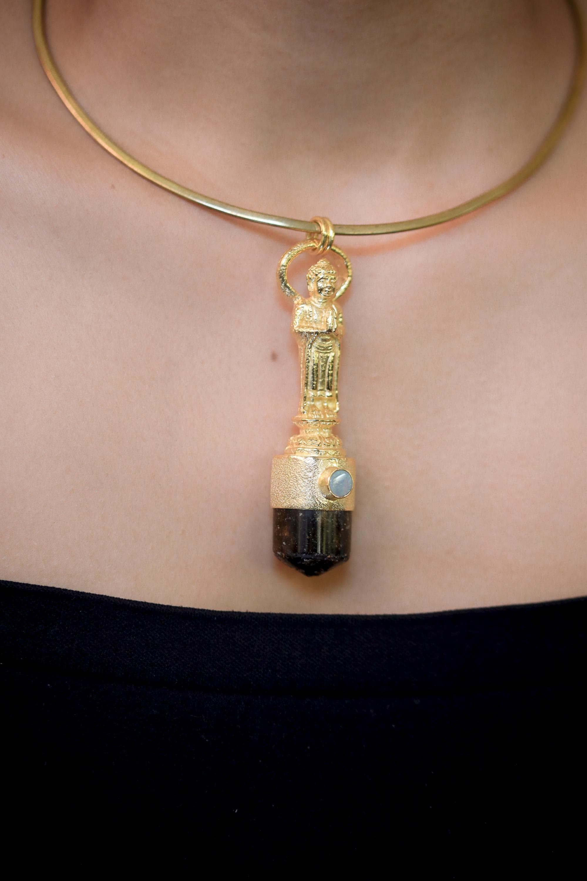 Cast Buddha talisman pendant with Lightning Ridge Opal & Polished gem Brown Dravite Tourmaline point, gold plated, spiritual jewelry.
