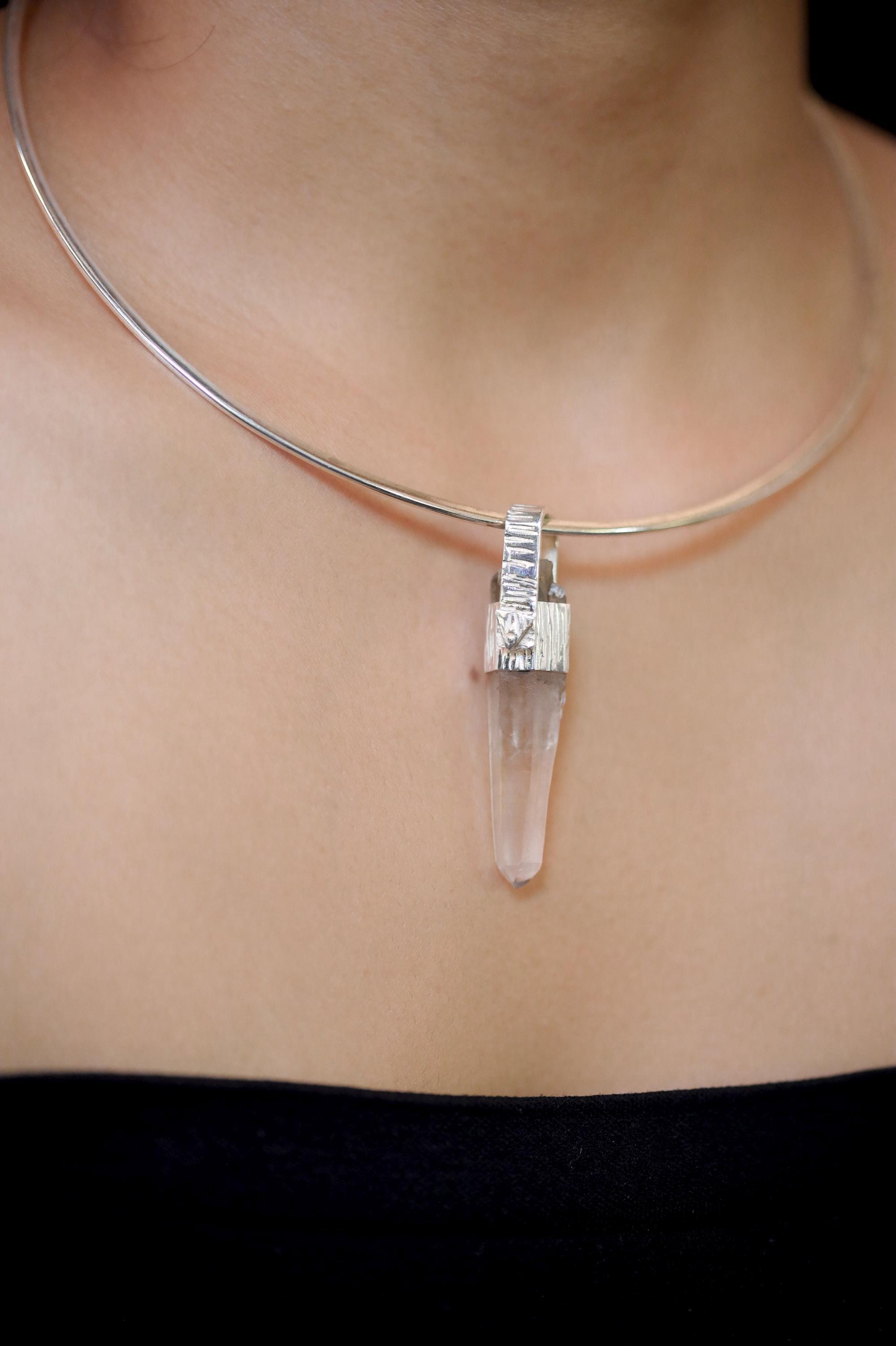 Lemurian Himalayan Laser Manifestation Quarts Point Pendant, 925 Silver, High Shine Finish, Hammered Texture, Chakra Healing Crystal Jewelry