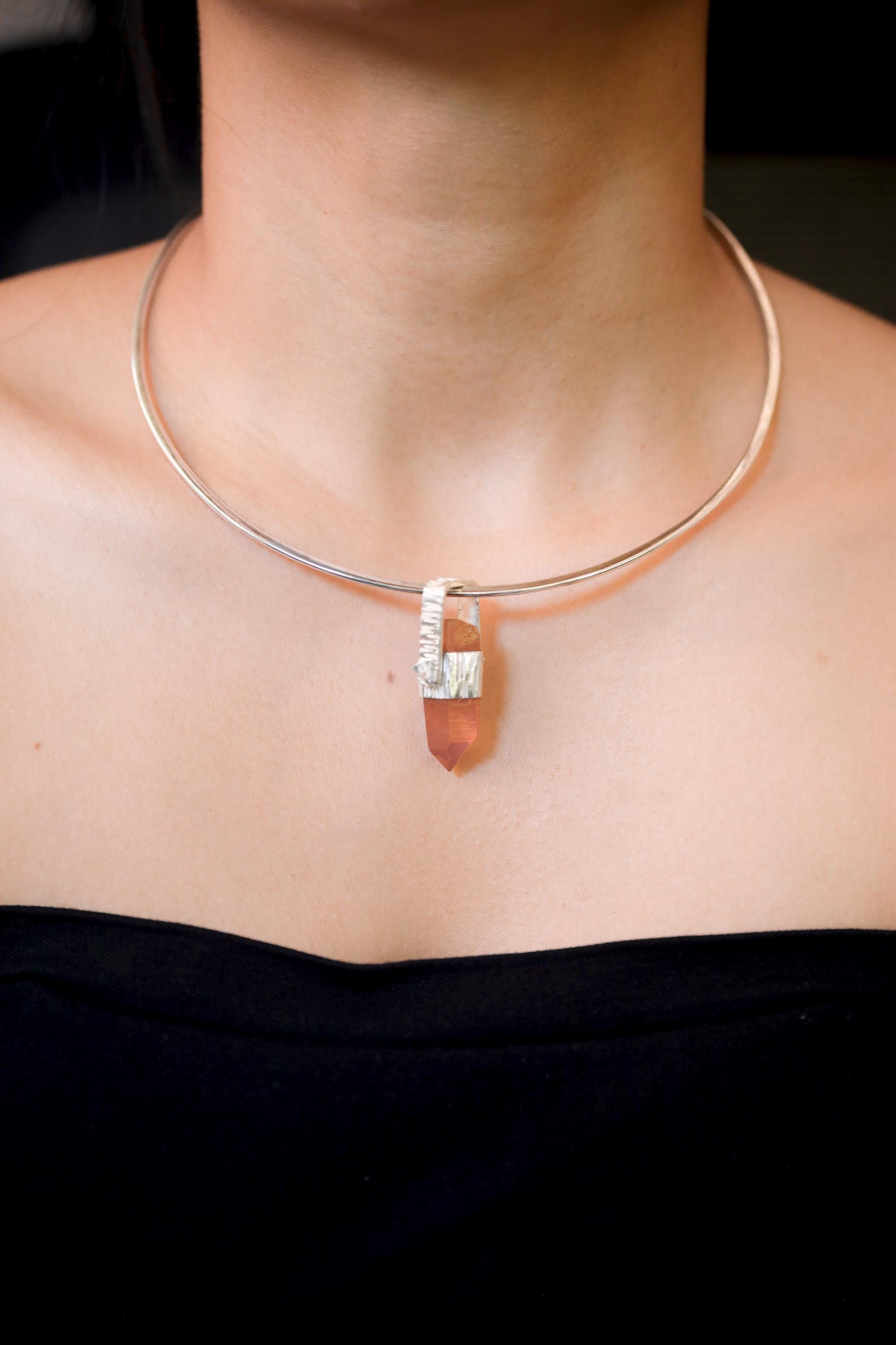 Orange Lithium Lemurian Quartz Pendant, Hammered 925 Silver