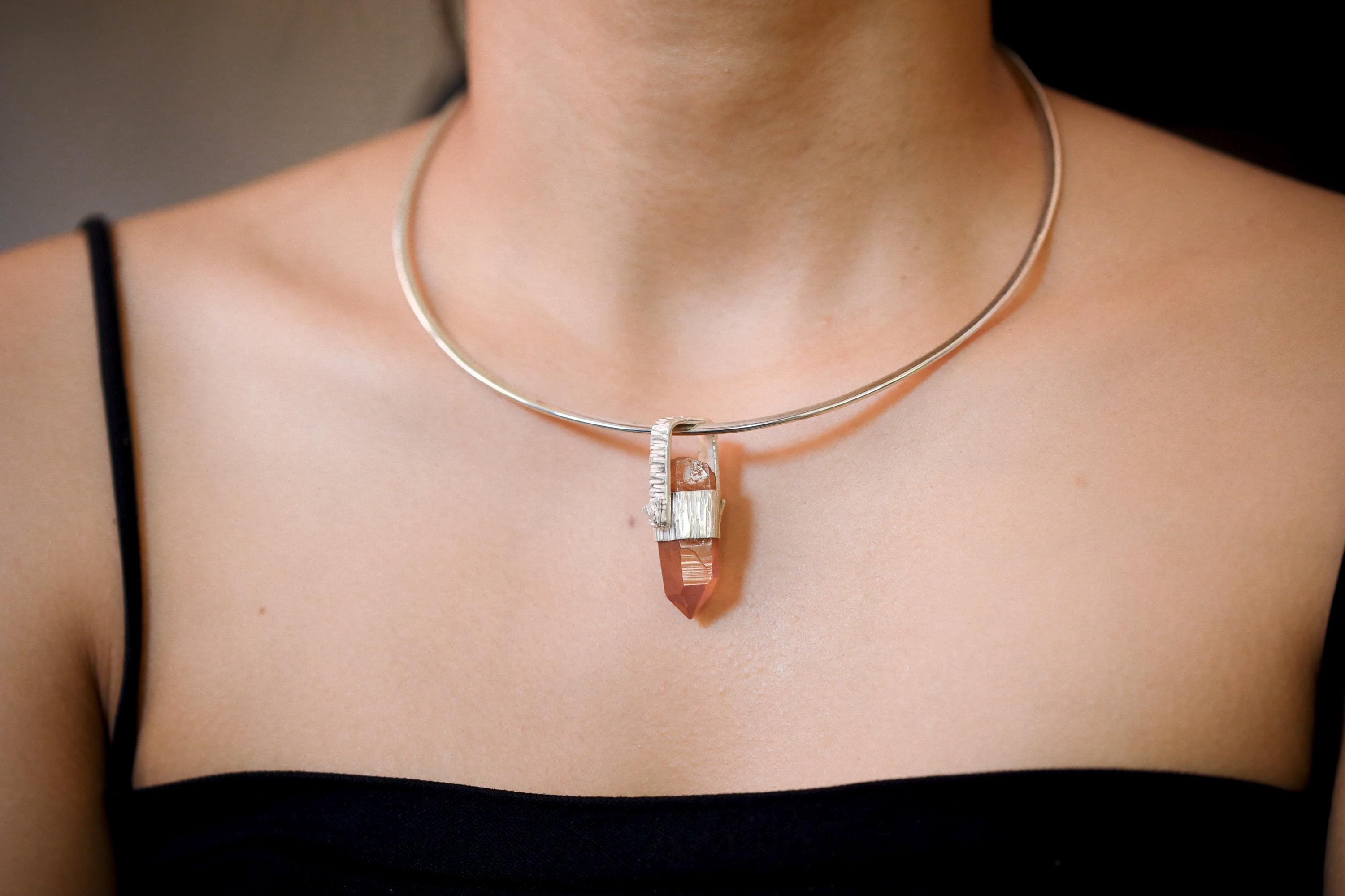 Australian Orange Lithium Lemurian Quartz Point Pendant, 925 Silver, Hammered Texture, High Shine, Root Chakra, Minimalist Unique Gift