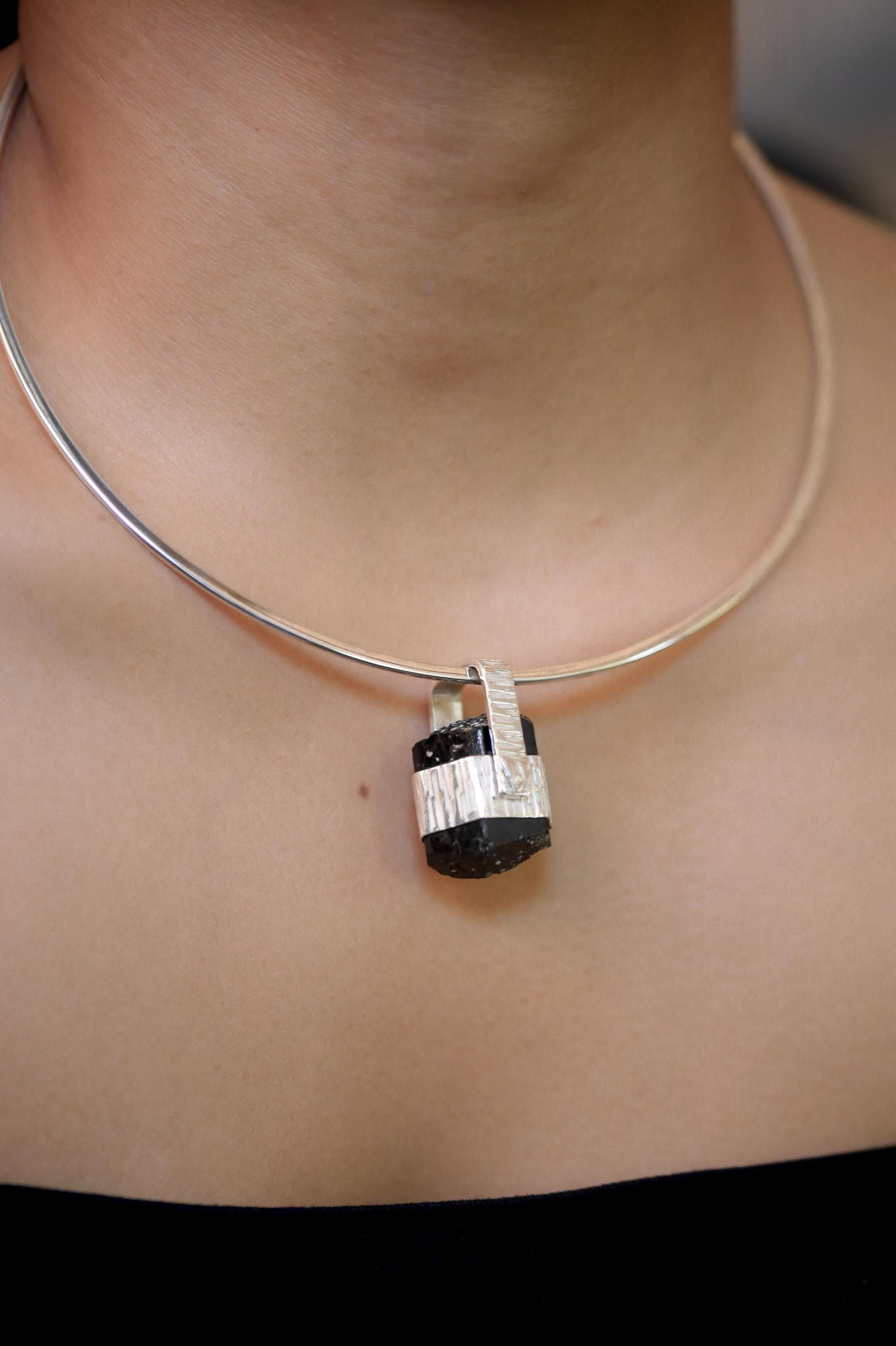 Himalayan Double Terminated Raw Hexagonal Black Tourmaline Specimen Pendant, 925 Silver Wrap, High Shine, Root Chakra Protection Jewelry