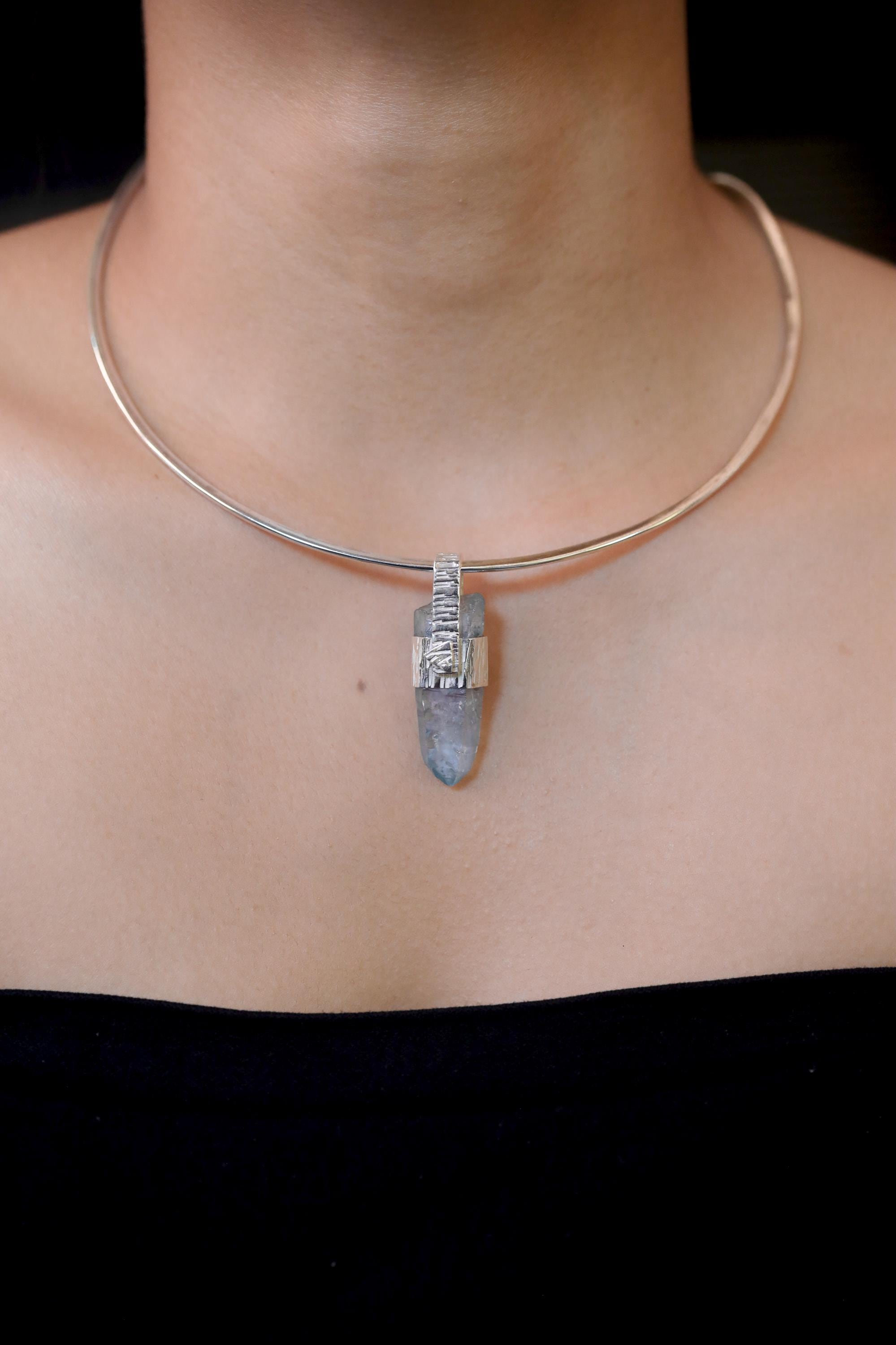 Tabular Rainbow Inclusion Aqua Aura Quartz Point Pendant, 925 Silver, Textured Bark Finish, Chakra Jewelry, Healing Quartz Energy Gift