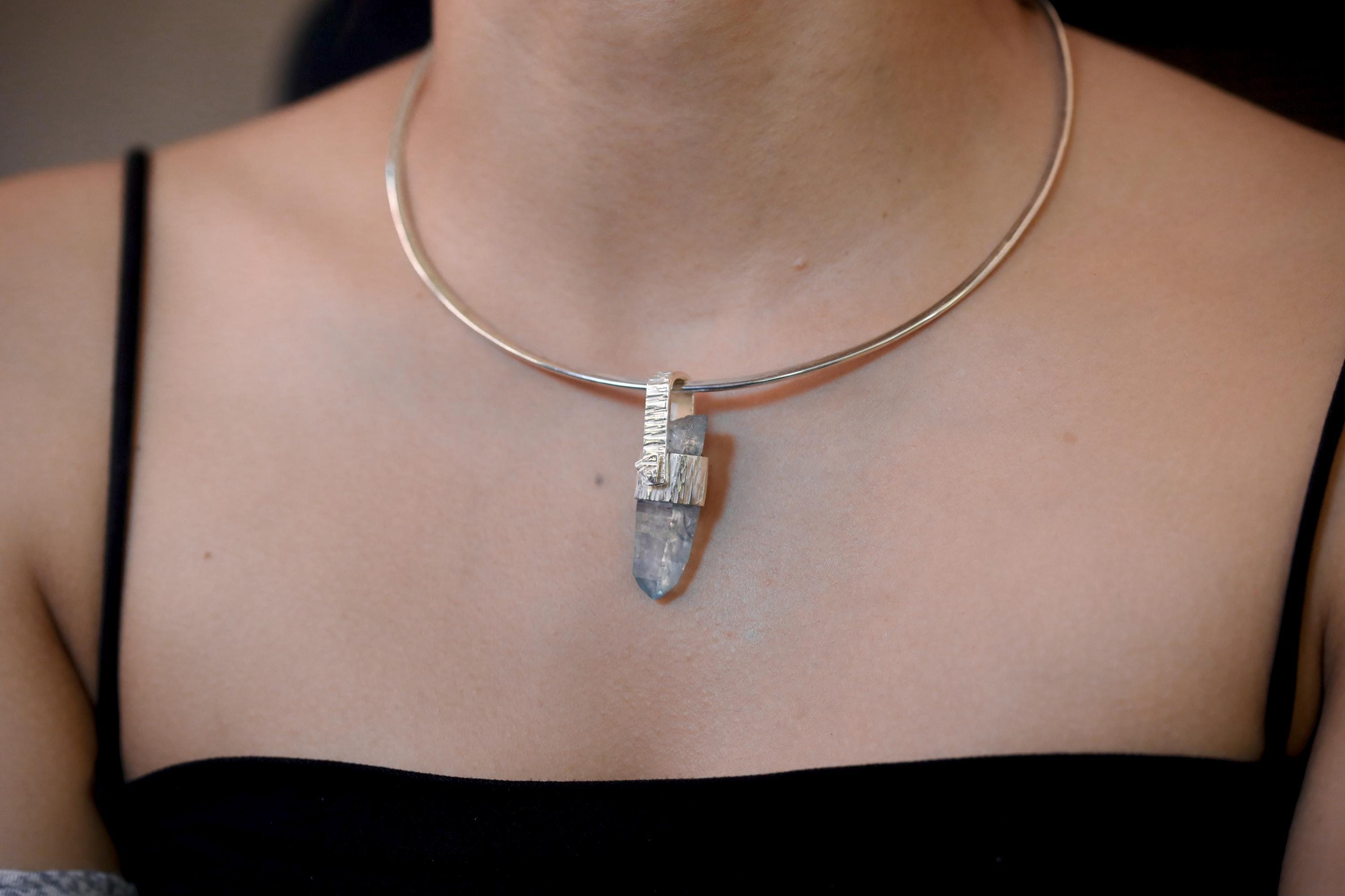 Tabular Rainbow Inclusion Aqua Aura Quartz Point Pendant, 925 Silver, Textured Bark Finish, Chakra Jewelry, Healing Quartz Energy Gift