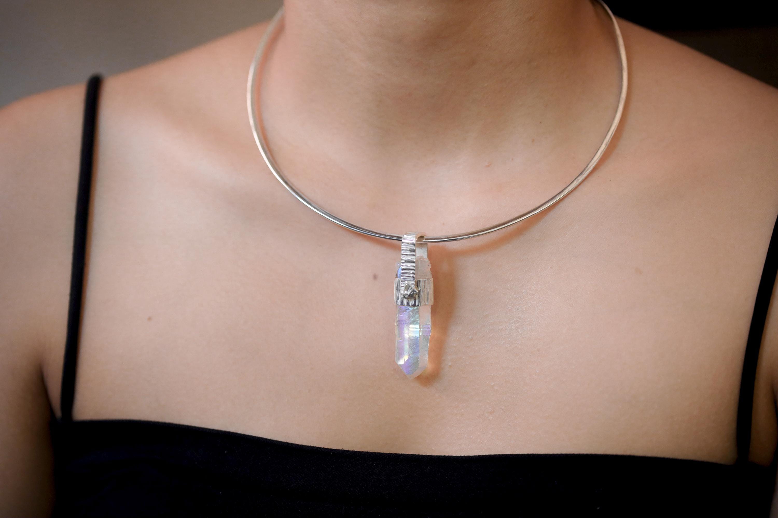 Lemurian Laser Opal Angle Aura Quartz Point Pendant, Sterling Silver, Hammered Texture, High Polish, Chakra Energy, Minimalist Talisman
