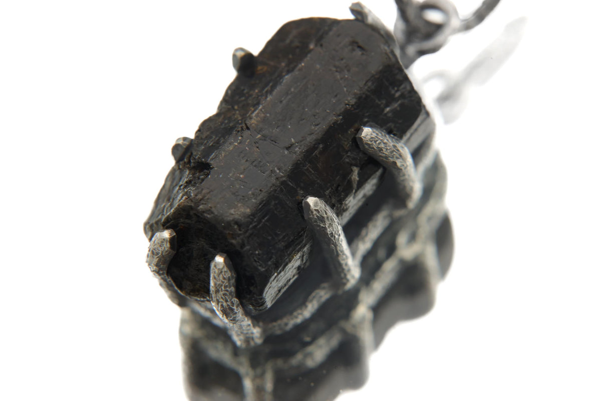 Natural Black Tourmaline Pendant Sterling Silver Claw Setting High Grade Root Chakra Protection Raw Crystal Jewelry Oxidized Finish