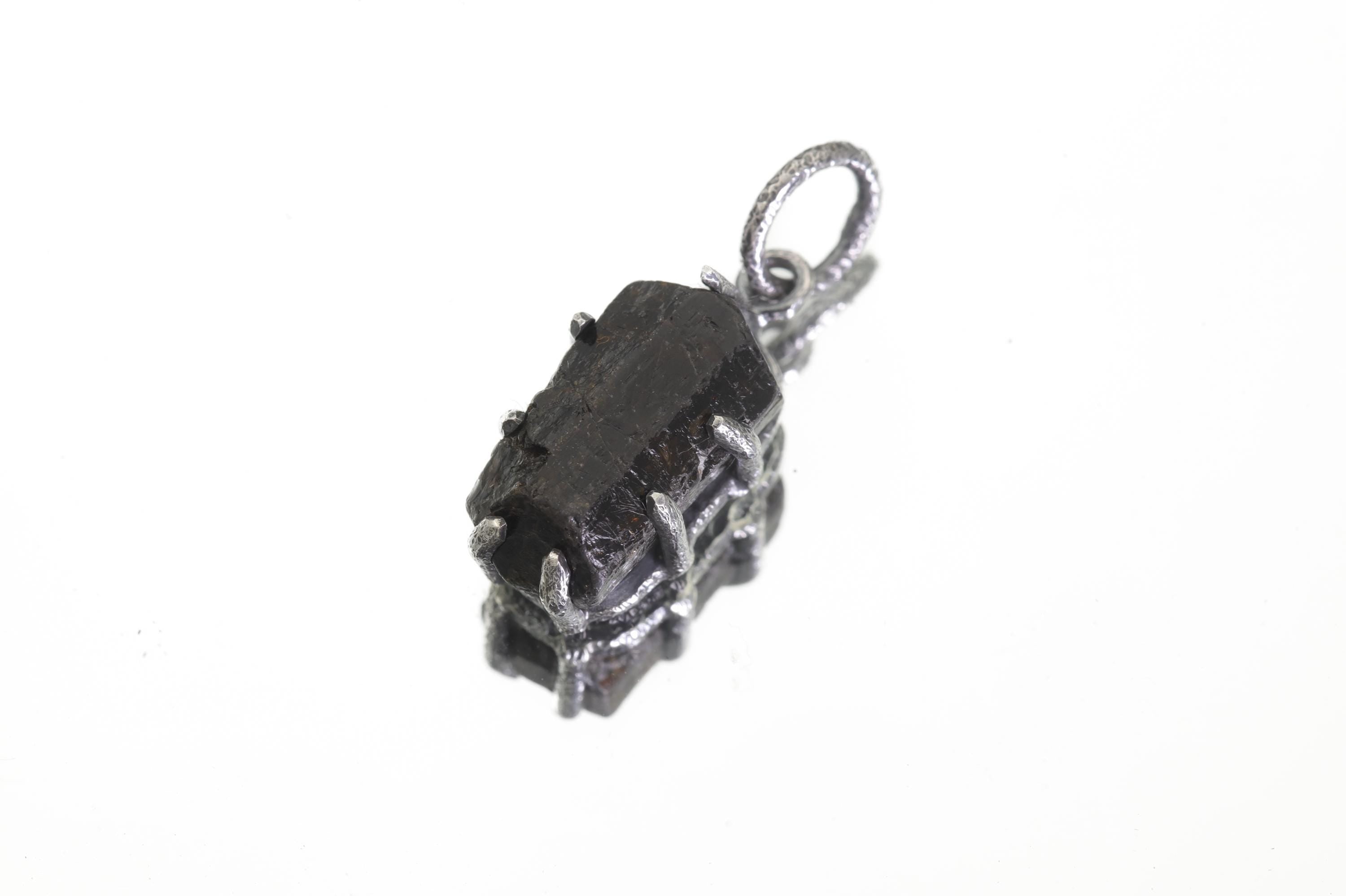 Natural Black Tourmaline Pendant Sterling Silver Claw Setting High Grade Root Chakra Protection Raw Crystal Jewelry Oxidized Finish