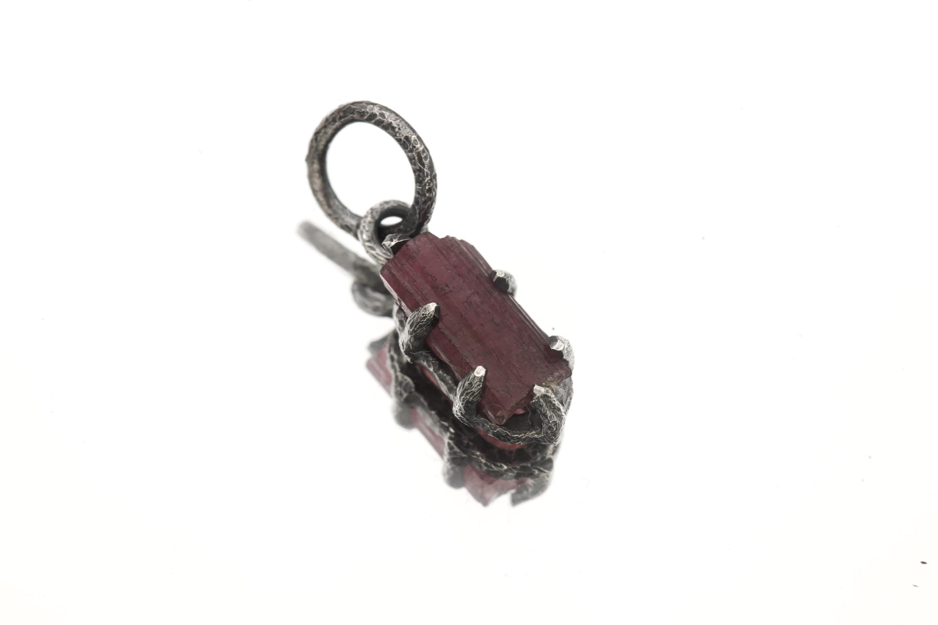 Natural Gem Pink Tourmaline Rubellite Wand Pendant, 925 Silver Claw Setting, Oxidized Finish, Root & Heart Chakra Healing Jewelry Gift