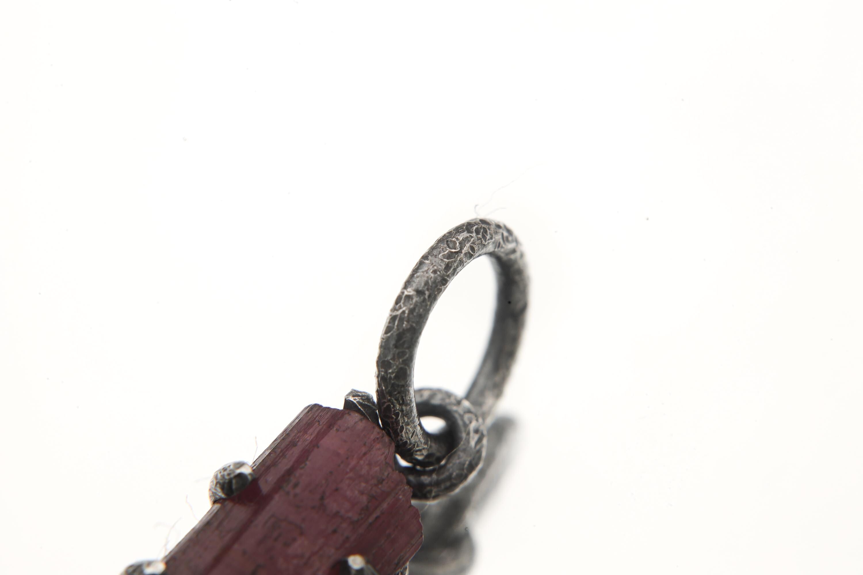 Rubellite Tourmaline Wand Pendant, Oxidized 925 Sterling Silver, Chakra Healing