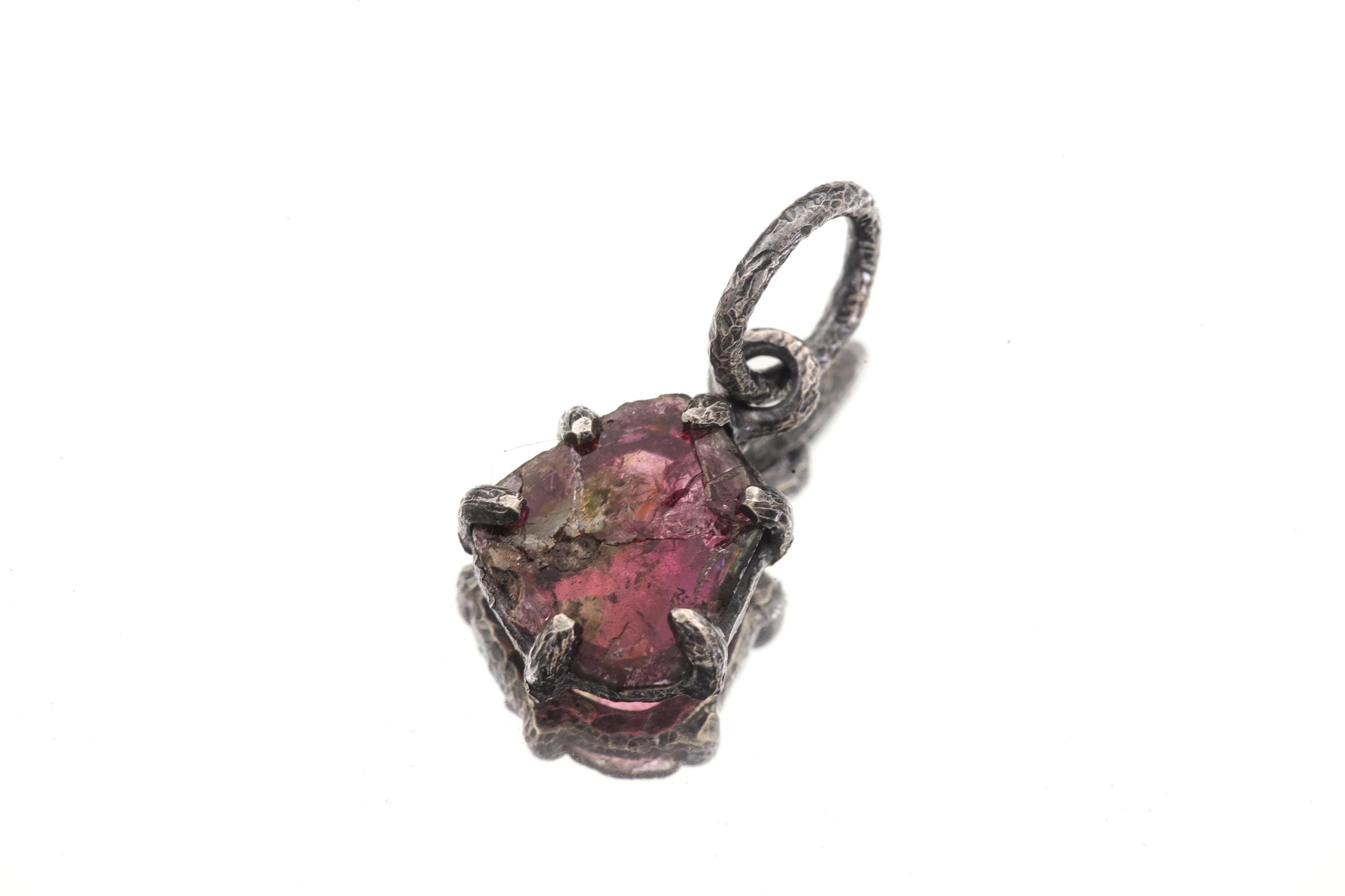 Polished slice of Natural Pink Tourmaline (Rubellite) wand with Darker Rind Pendant, Sterling Silver Claw Setting, Oxidized Hammer Finish