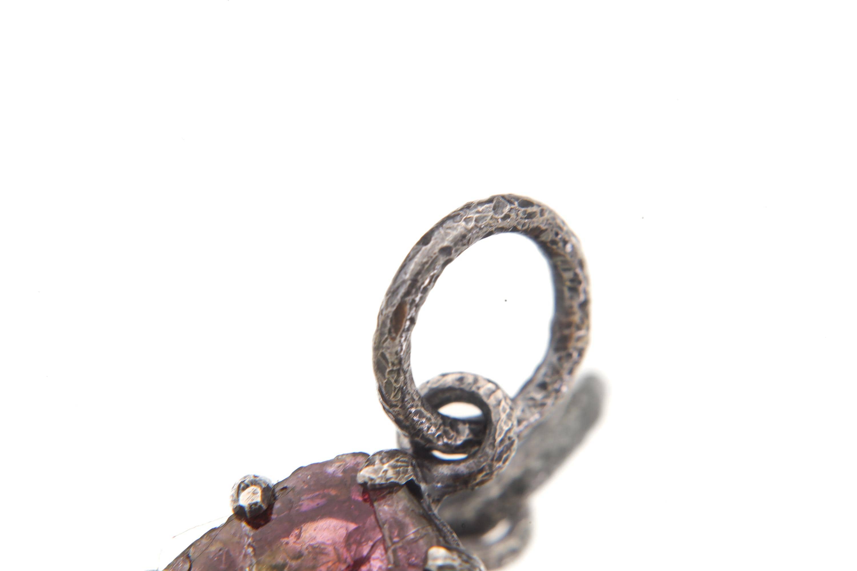 Polished slice of Natural Pink Tourmaline (Rubellite) wand with Darker Rind Pendant, Sterling Silver Claw Setting, Oxidized Hammer Finish