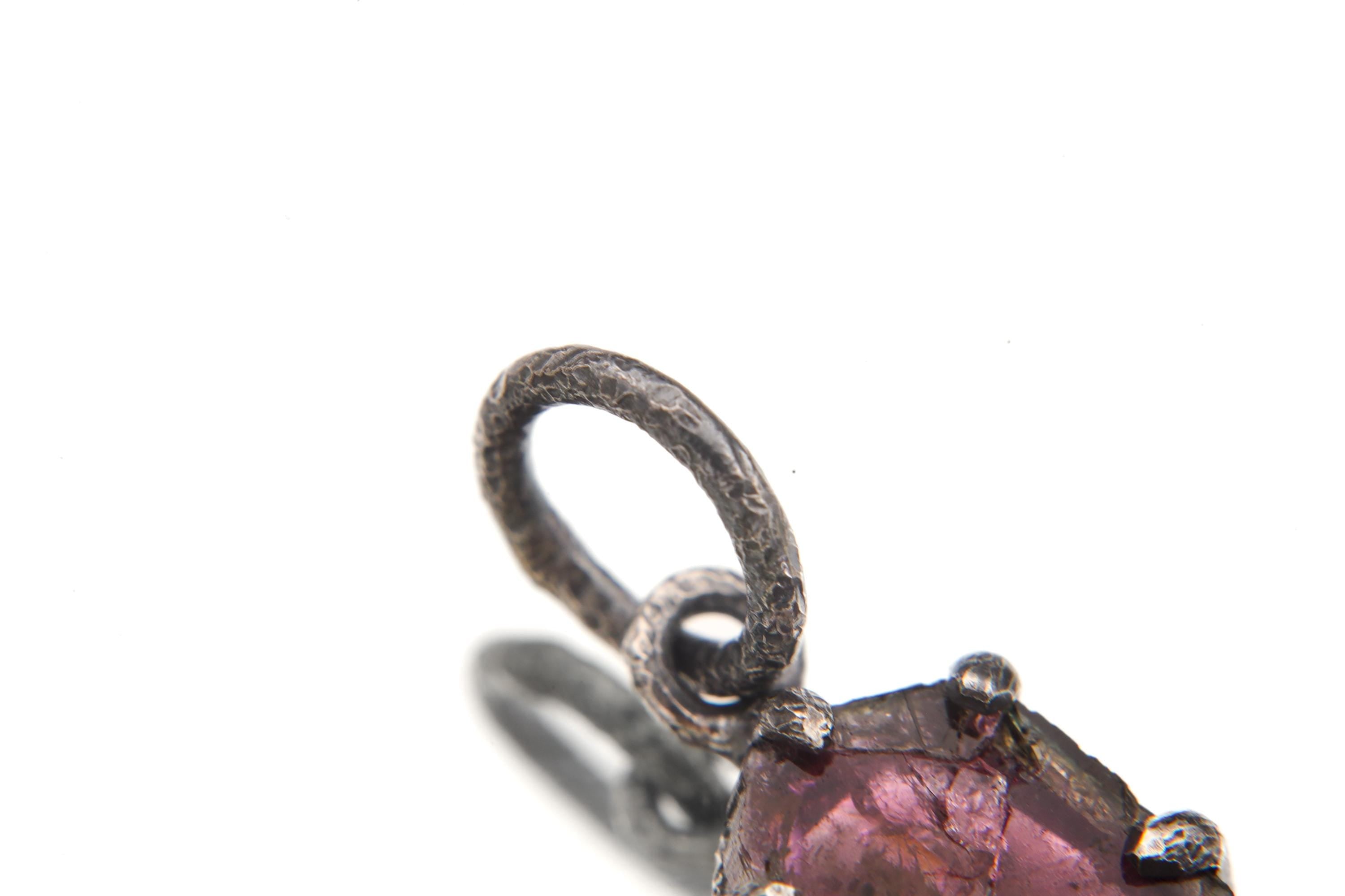 Polished slice of Natural Pink Tourmaline (Rubellite) wand with Darker Rind Pendant, Sterling Silver Claw Setting, Oxidized Hammer Finish