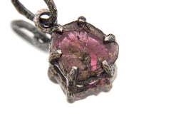 Polished slice of Natural Pink Tourmaline (Rubellite) wand with Darker Rind Pendant, Sterling Silver Claw Setting, Oxidized Hammer Finish